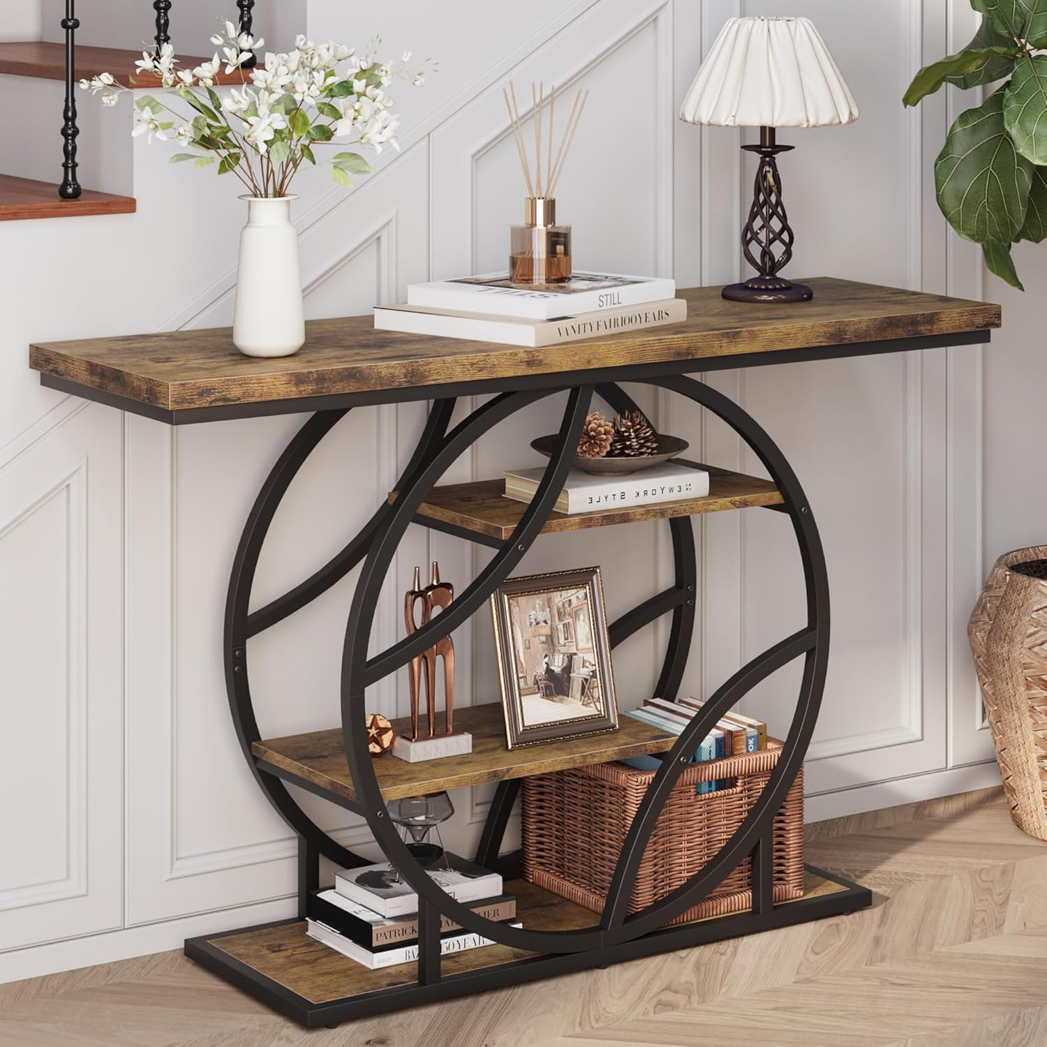 Console Table, 41.3 Inch Industrial Entryway Tables with 4-Tier Storage Shelves, Sofa Table for Living Room ，Entrance，Hallway Foyer, Sturdy O-Shape Metal Frame & Thickened Wood Top