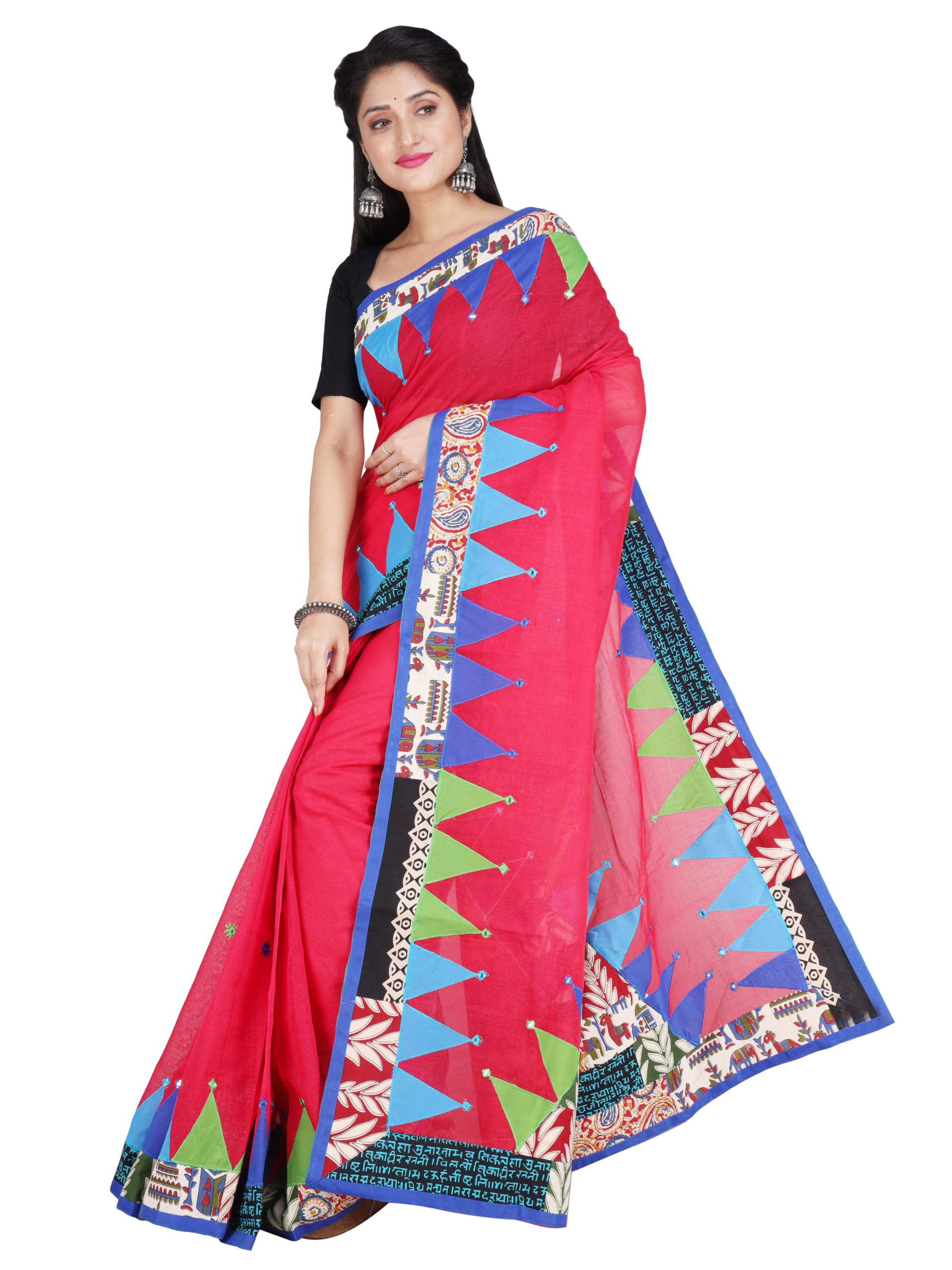 GenericShelis Pure Cotton Applique Work Saree for Women | Soft & Stylish Bengali Design | Red and Blue Geometric Pattern