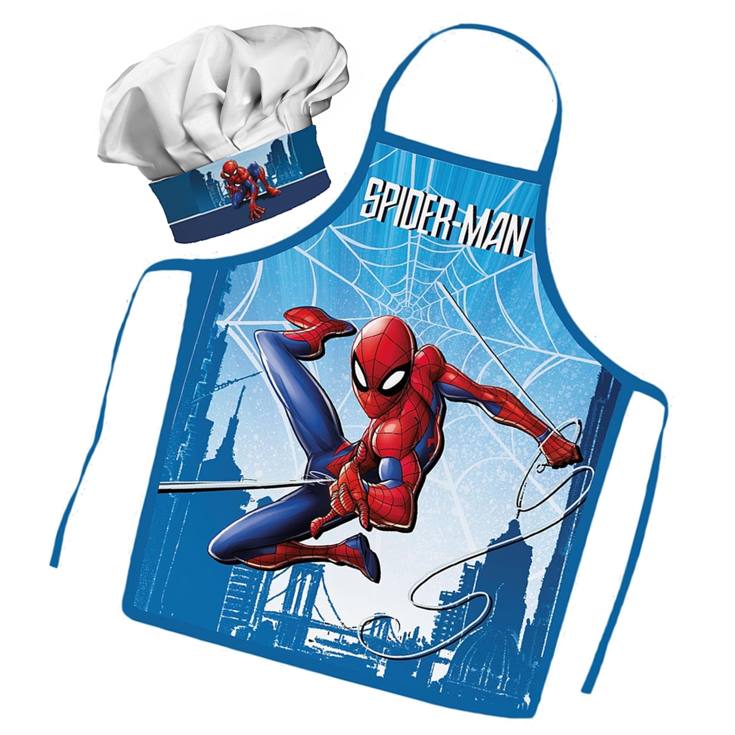 Sorrisini Delantal Infantil y Gorro de Cocinero para Niños Spider-Hero, Mandil Niño, Delantal Niños y Sombrero para Cocinar o Pintar, 3-8 años Spider-City