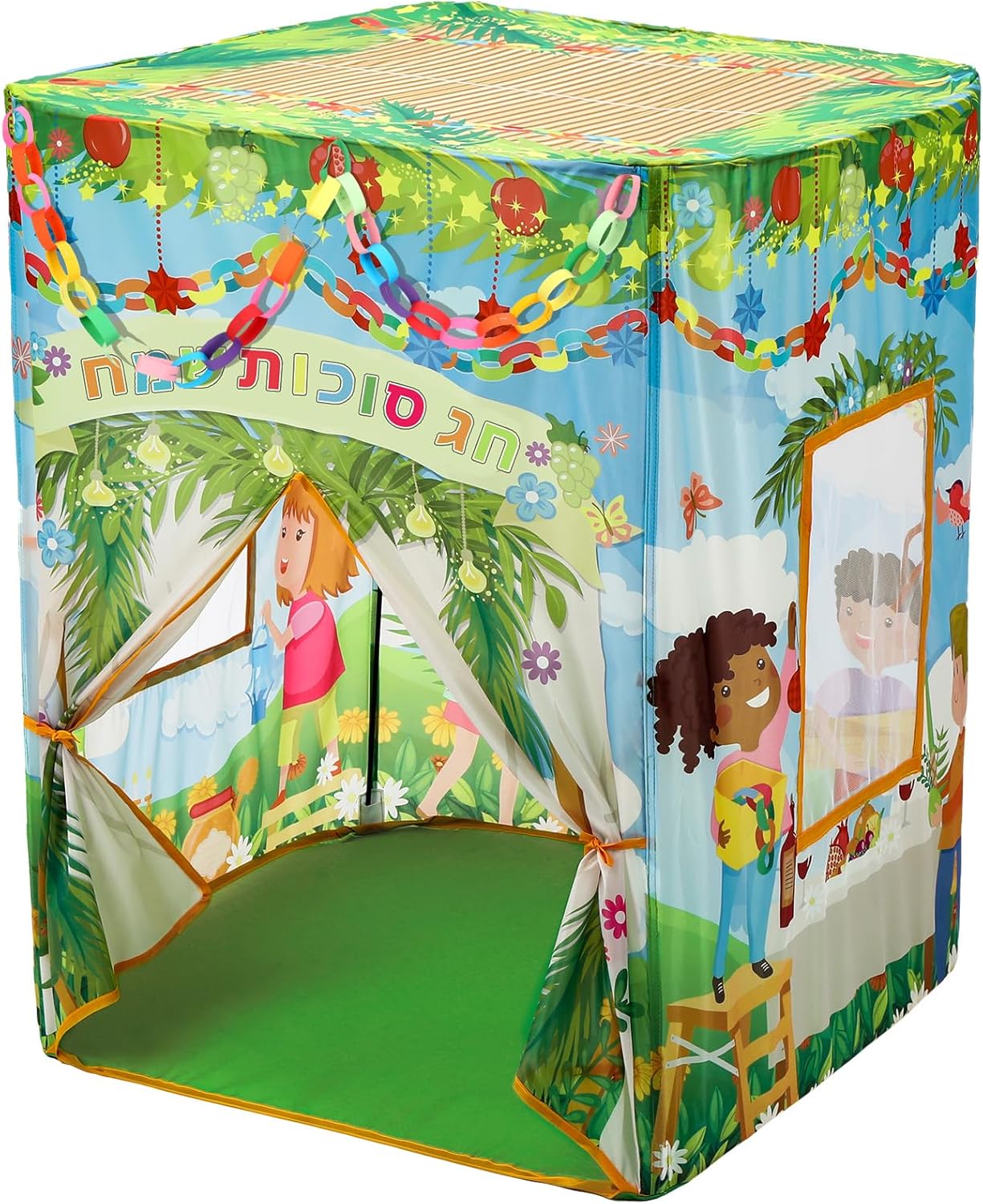 Children's Pop up Sukkah, Kids Play Sukkot Tent with 180 Paper Chain Strips, Foldable Playhouse Tent for Indoor Outdoor Game Party Boys Girls Birthday Gifts 39.3 in x 39.3 in x 49.2 in
