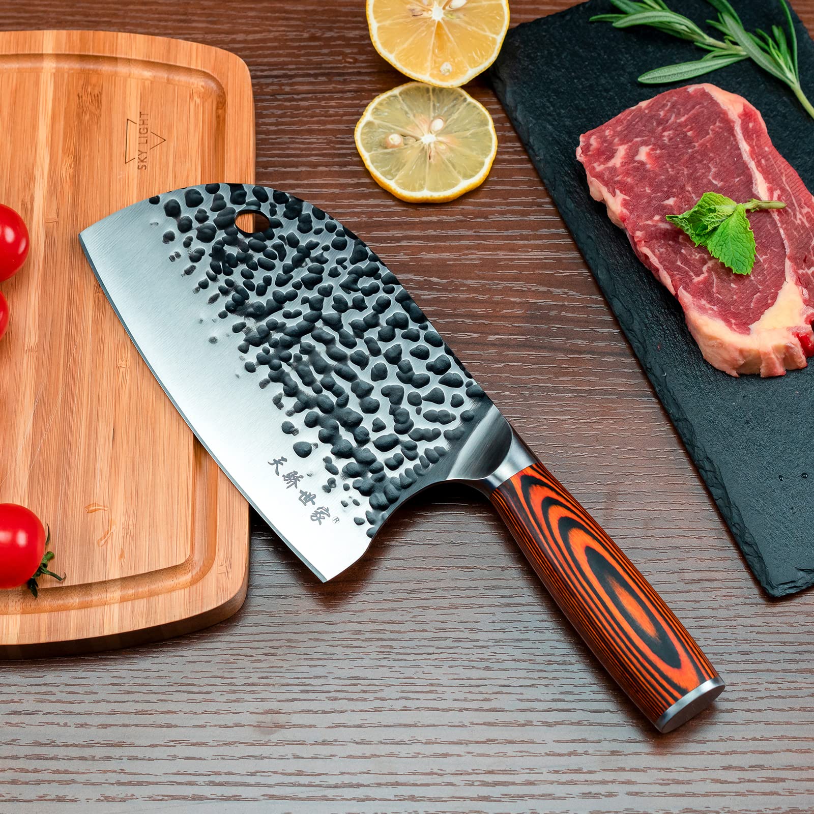 TJ POP Mannaia Coltello da Chef Cinese, Coltello da Cucina Professionale 16.5cm, Coltello per Carne Affilato con Design Full Tang, Lama in Acciaio 50Cr15 Spessore 3mm, TJ SEGA Serie TC19074
