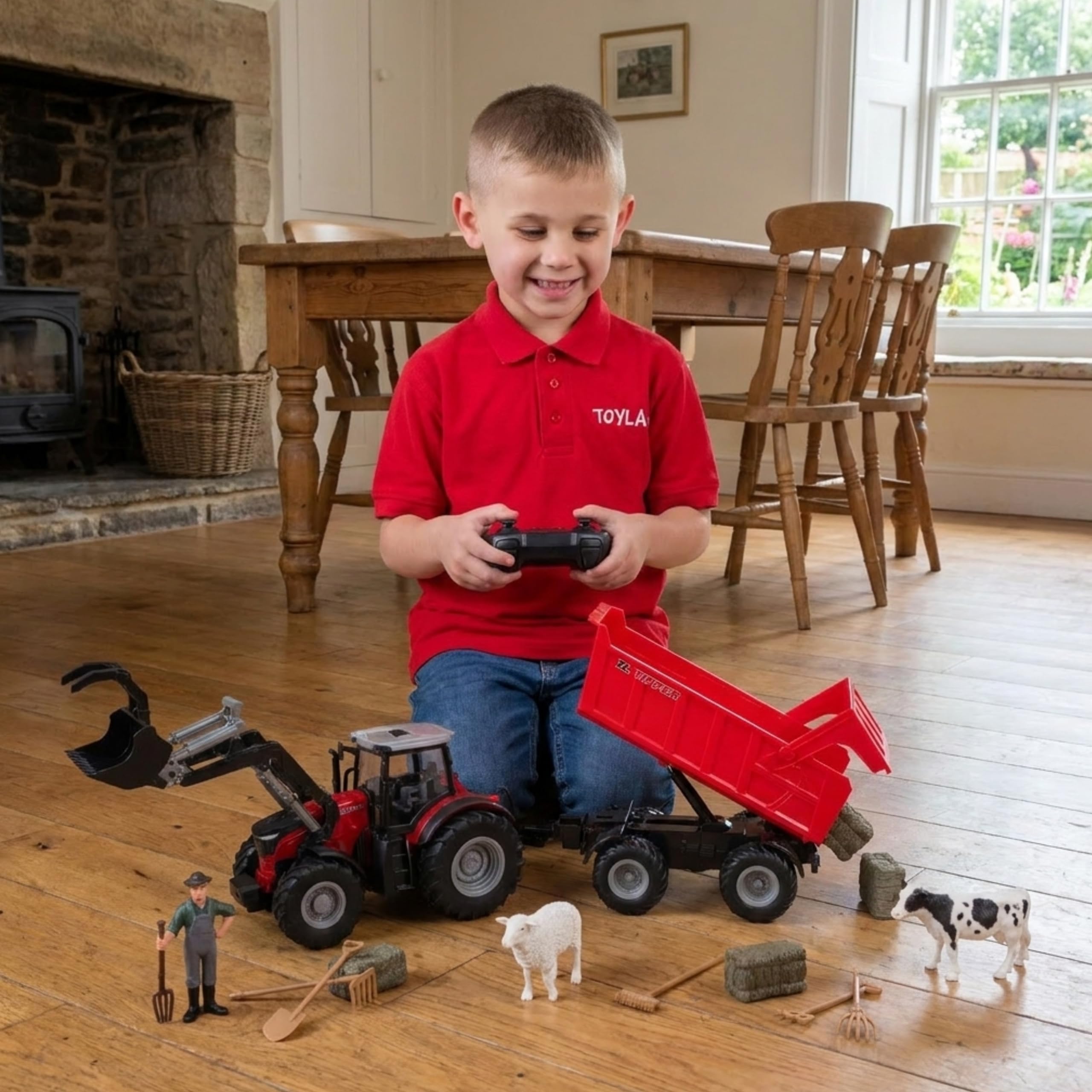 Toyland® 1:24 Tracteur Rouge télécommandé avec Chargeur Frontal, remorque basculante motorisée et Accessoires - de Jeu avec lumières Chargement USB - Batterie Rechargeable Incluse - Véhicule de Ferme