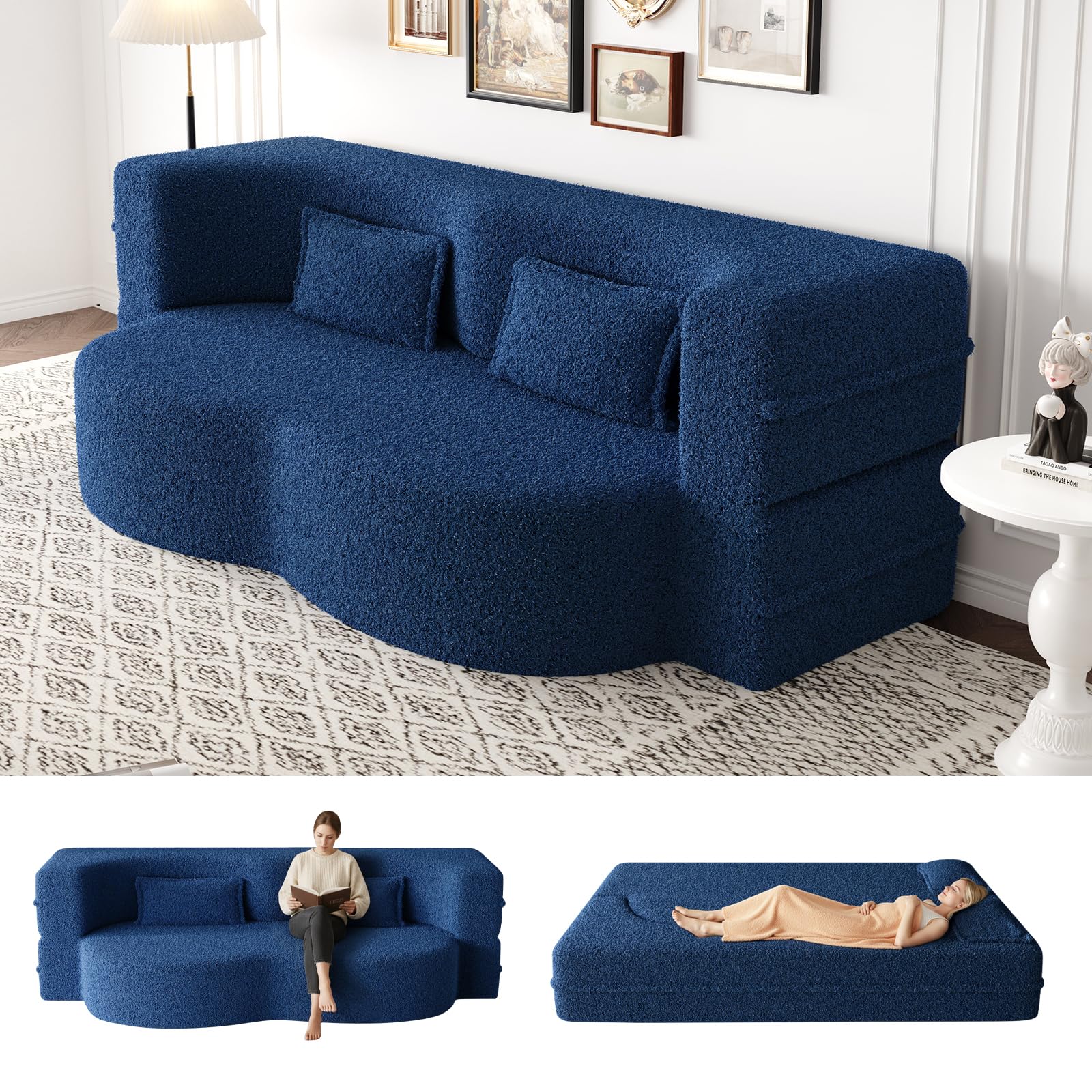 Folding Sofa Bed,15" Full Size Folding Mattress for Living Room,Convertible Teddy Fabric Foam-Filled Loveseat Sleeper Sofa Bed (Blue)