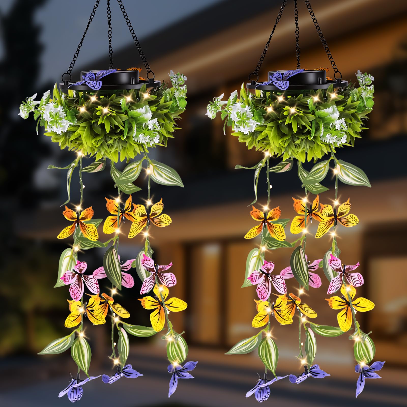 Weskjer 2 Pack Butterfly Solar Lights Outdoor Garden, Colorful Solar Flower Lights Outdoor Garden IP65 Solar Hanging Basket Lights for Patio, Birthday Kids Play Area