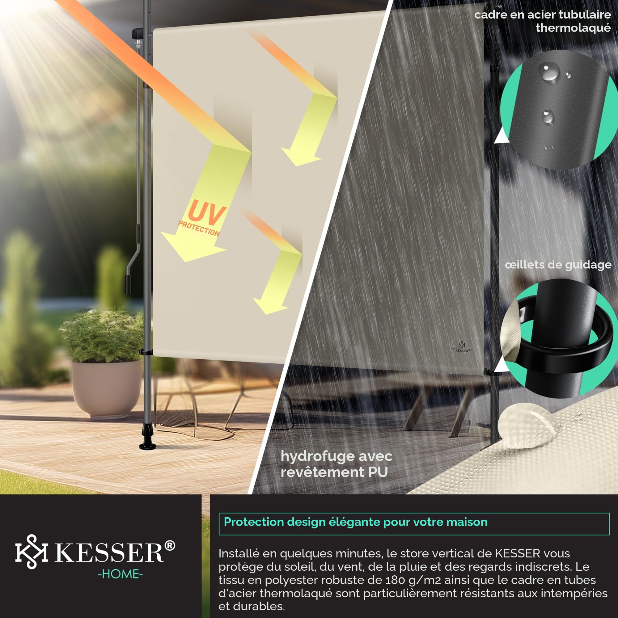 KESSER® Store extérieur Vertical 200x310cm Extensible & Opaque | Store Vertical avec manivelle sans perçage | Paravent de Balcon & Coupe-Vent pour Jardin & terrasse Imperméable Beige