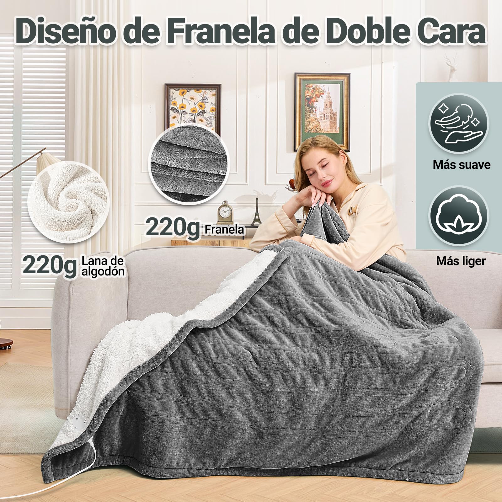 Charmofun Manta Eléctrica, 130x180 cm Manta Térmica de Franela con 8 Ajustes de Temperatura, Temporizador de 12H, Apagado Automático, Lavable a Máquina, Electric Blanket (Gris Oscuro)