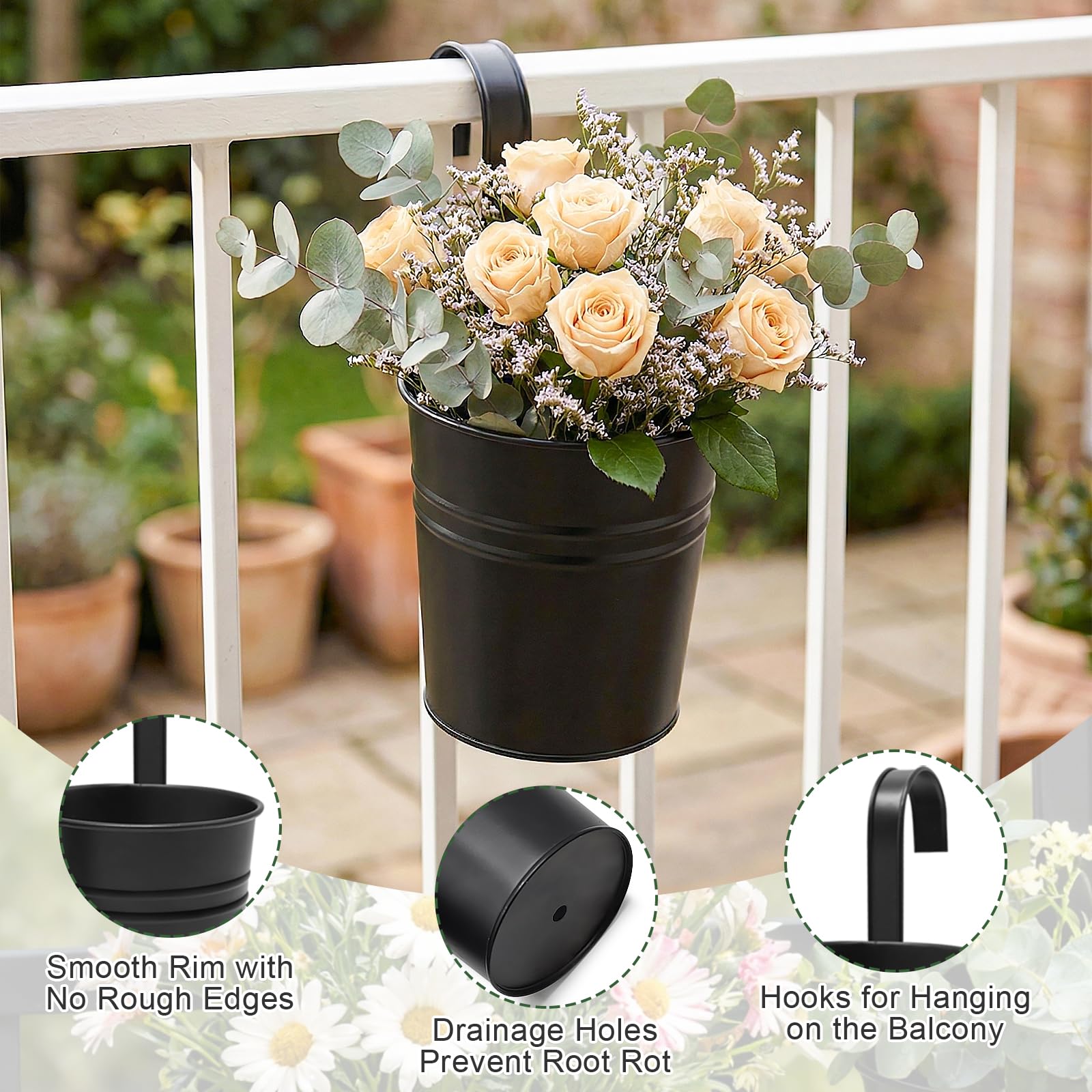 6PCS Pots de Fleurs Suspendus avec 3 Outils de Jardinage, Jardiniere Suspendue avec Trou de Drainage et Crochets Amovibles, Résistantes à la Rouille, Pots pour Balcon, Balustrade, Clôture