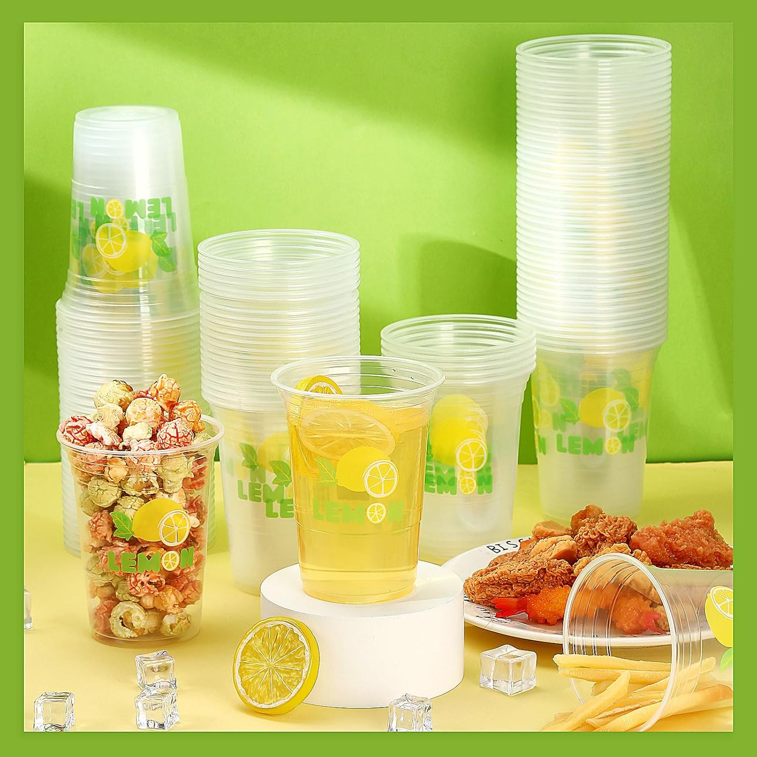 Qinyoung 120 Pcs Lemon Disposable Plastic Cups 16 oz Yellow Lemonade Thick Clear Cup for Cold Water Juice Coffee Drinking Beverage Summer Fruit Hawaiian Luau Tropical Party Bakery Dessert Station