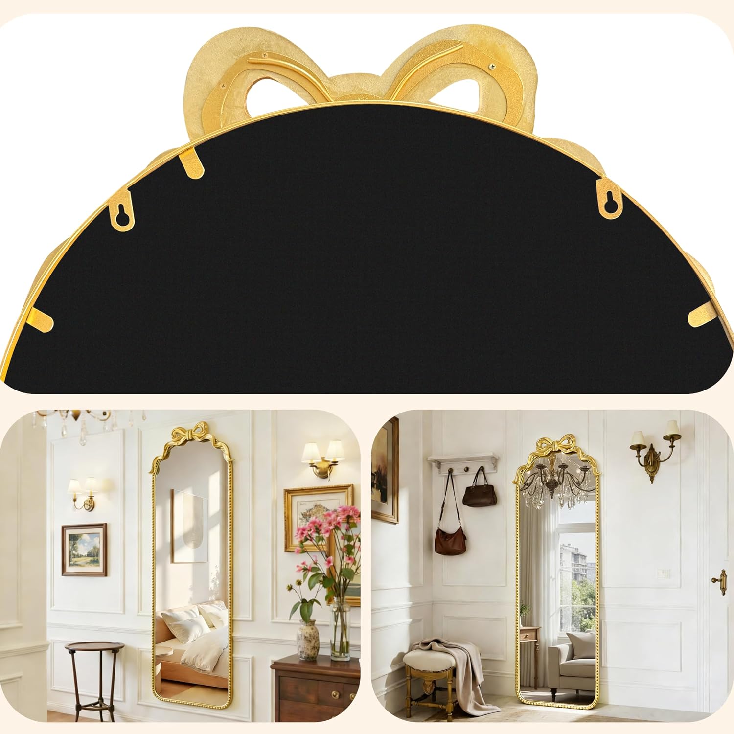 Arched Bow Mirror Full Length 61"x22", Antique Gold Vintage Baroque Floor Mirror with Heavy Texture Cast Metal Frame, Leaning or Wall Mounted for Entryway, Bedroom, Living Room，Girls Room