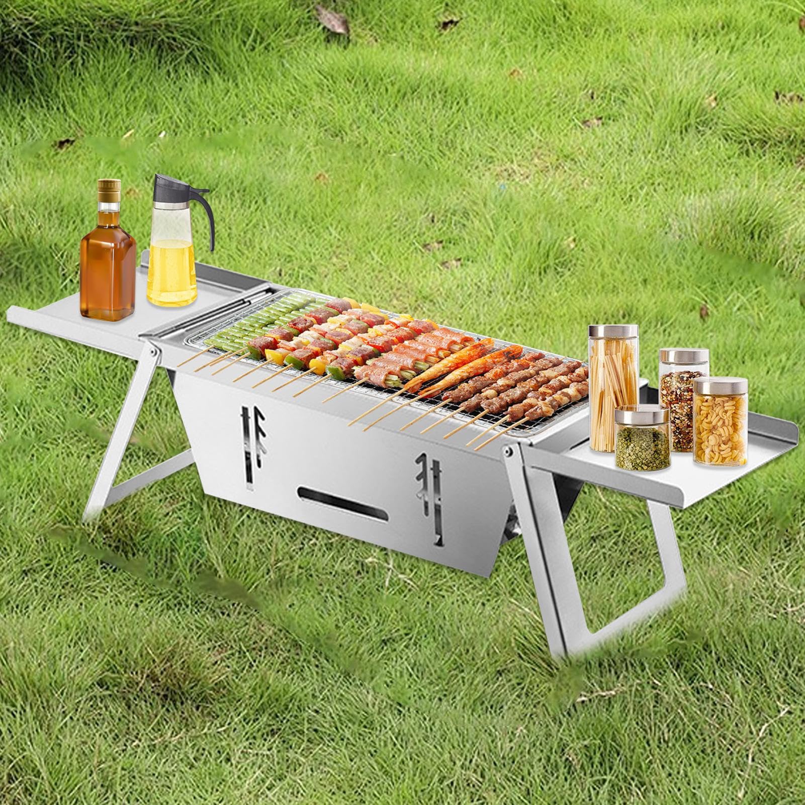 Składany Grill Węglowy Składany Grill Barbecue | Nierdzewna Płyta Grzewcza Przyjazna w Podróży do Gotowania na Zewnątrz w Ogródzie, na Stole, na Plaży, w Kamperze, na