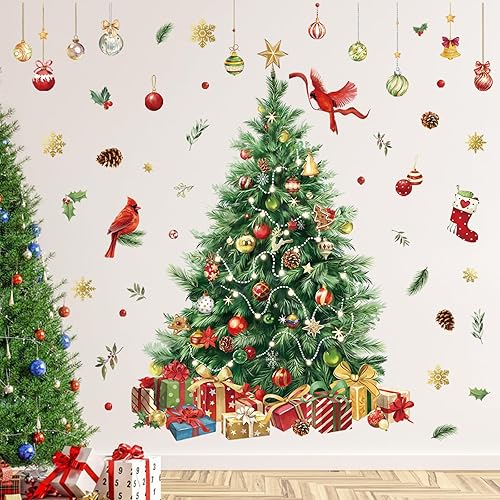 decalmile Calcomanías de pared grandes para ventana de árbol de Navidad, acuarela de hoja perenne, árbol de Navidad, calcomanías de pared de conos