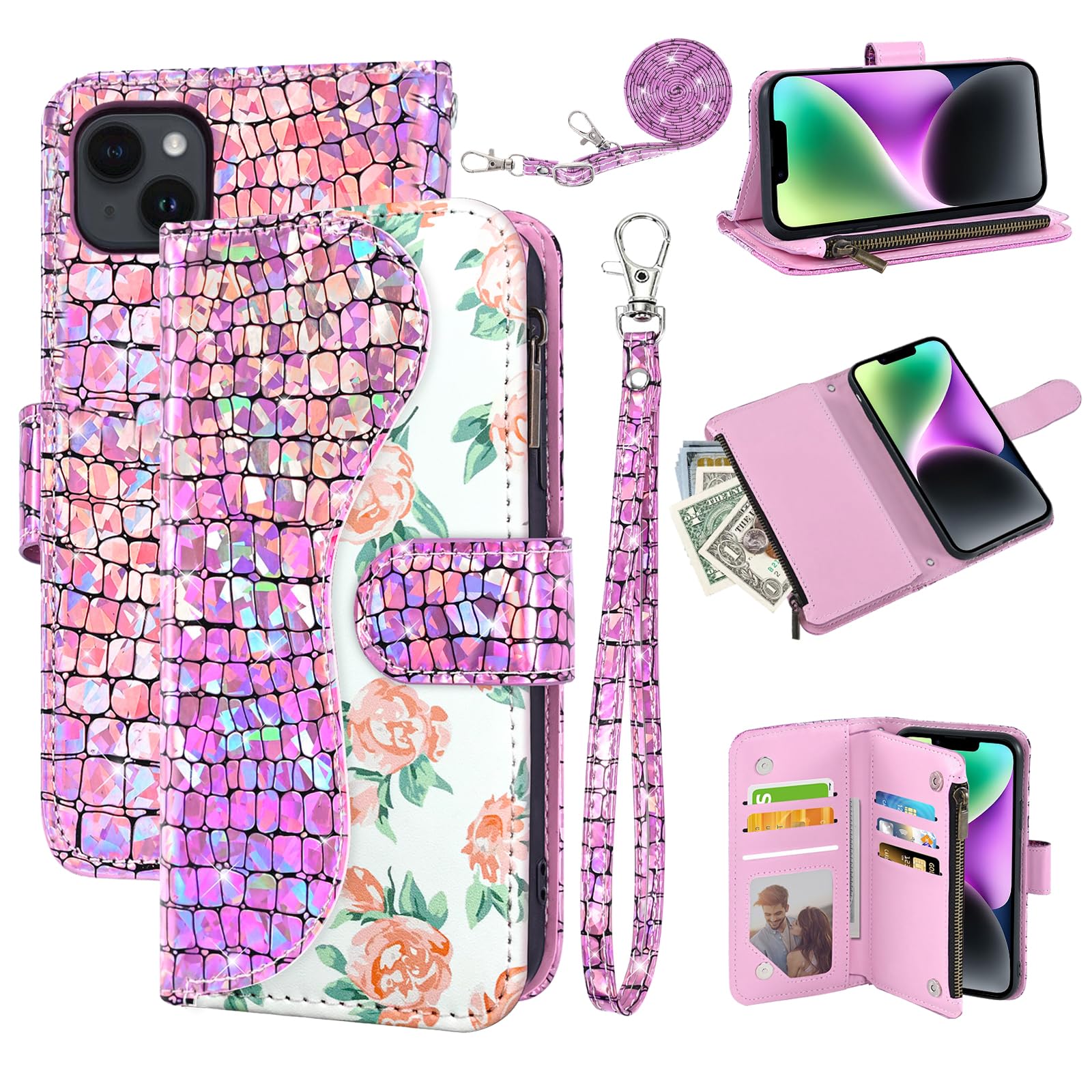 Dibosom Floral Wallet Case for iPhone 14 Plus 6.7 inch with Wrist Strap Shoulder Strap Flip Zipper Purse Card Holder,Glitter Phone Cover for i-Phone