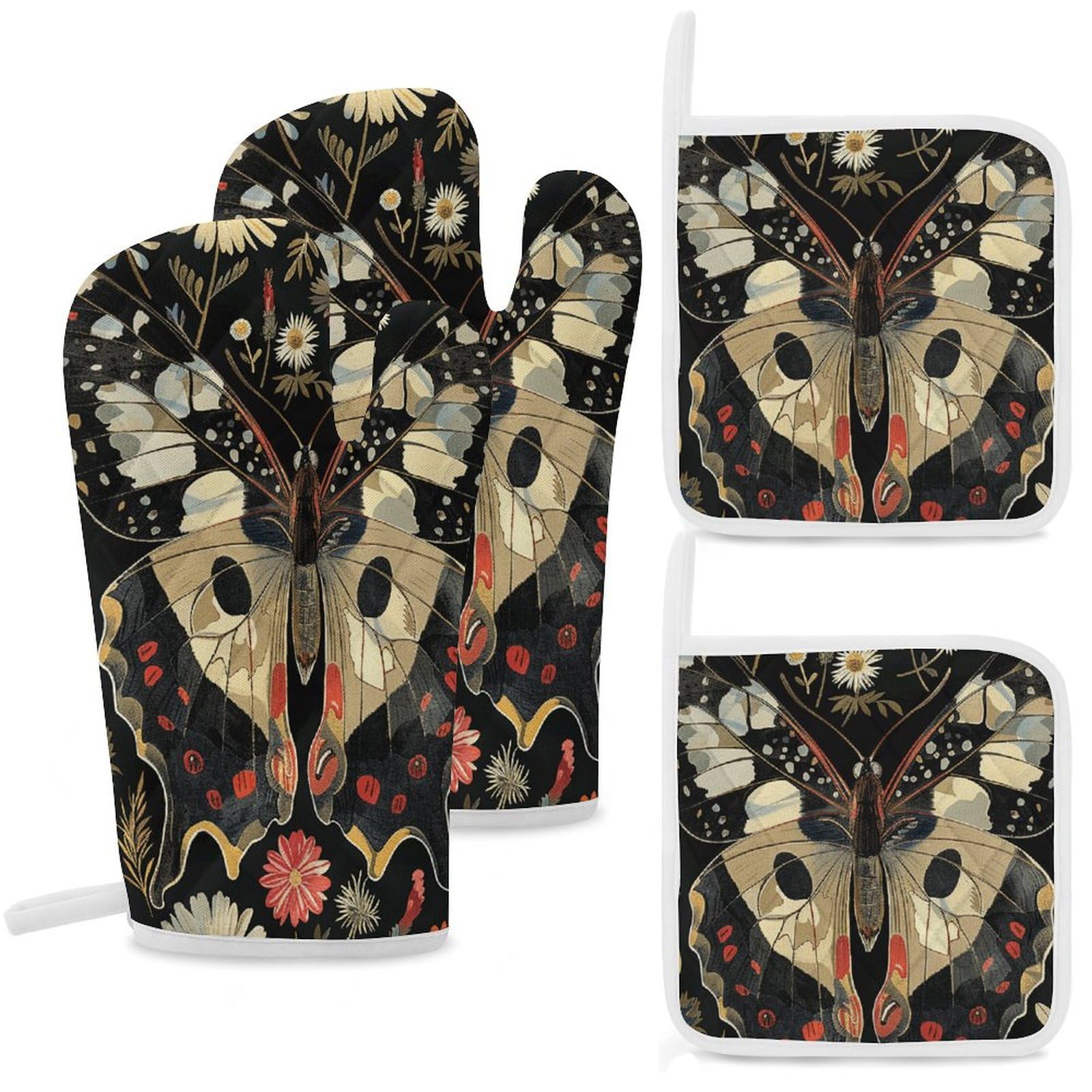 Gants de cuisine et maniques papillon (lot de 4) résistants à la chaleur pour four et cuisson