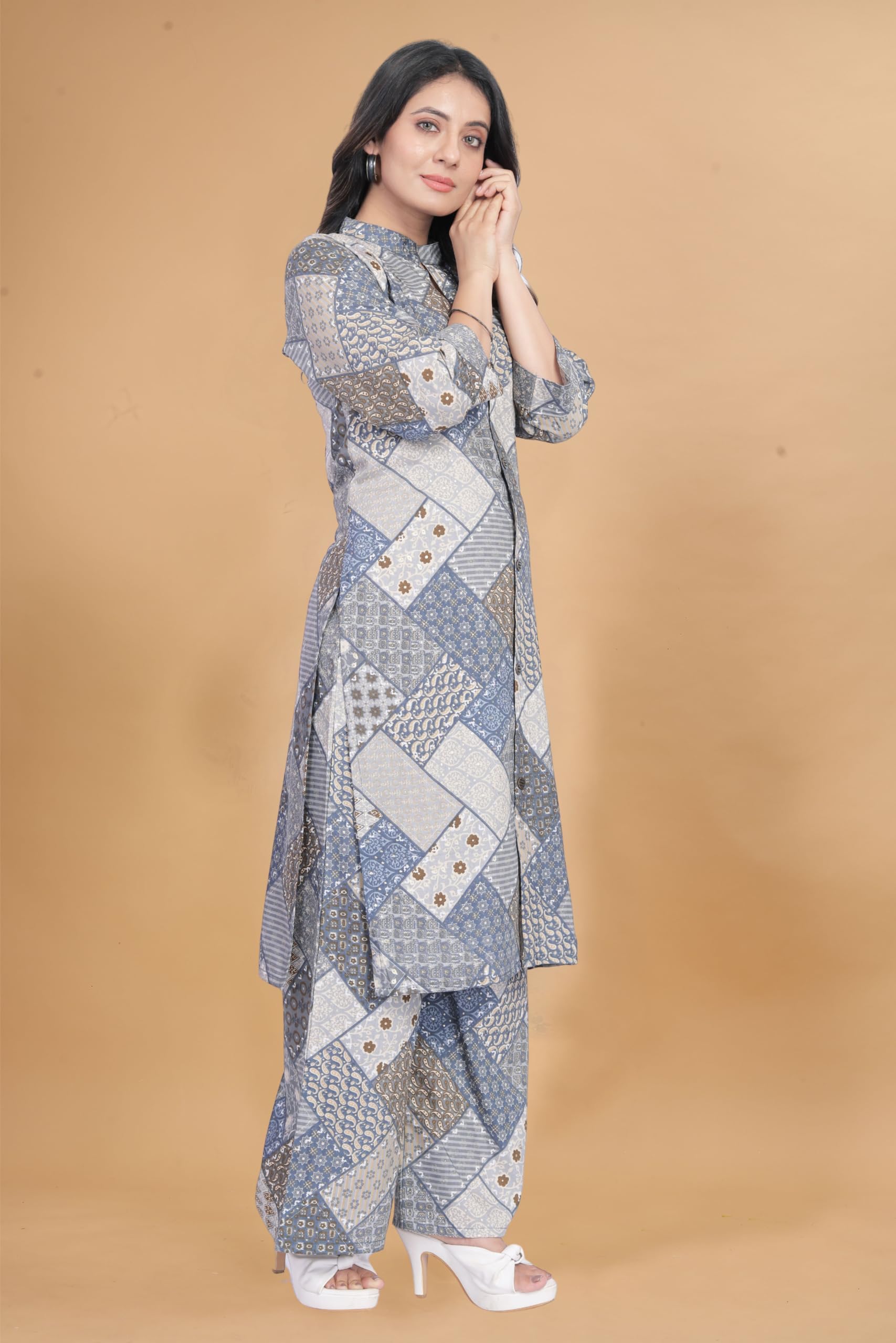 JYORICA Women’s Ready-to-Wear Muslin Cotton Co-Ord Set – 2-Piece All-Over Geometric Printed Top & Bottom – Full Front Open with Buttons, Cuffed Sleeves (IN, Alpha, 4XL, Regular, Women, Grey) 2