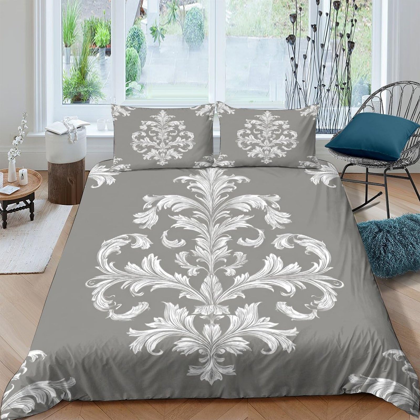 Ctjqhvkz Style-4 3D Printed Baroque Floral Fitted Sheet Microfiber Grey White Mattress Cover For Bedroom Guest Room Decoration Single（135X200cm）