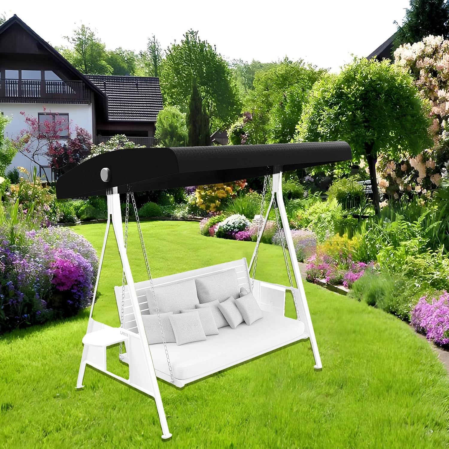 Outdoor Swing Canopy Replacement, Patio Swing Canopy Replacement, Outdoor Waterproof Top Cover Seat Furniture 3 Seater Chair Top Cover for Garden Patio Porch Hammock (Black)