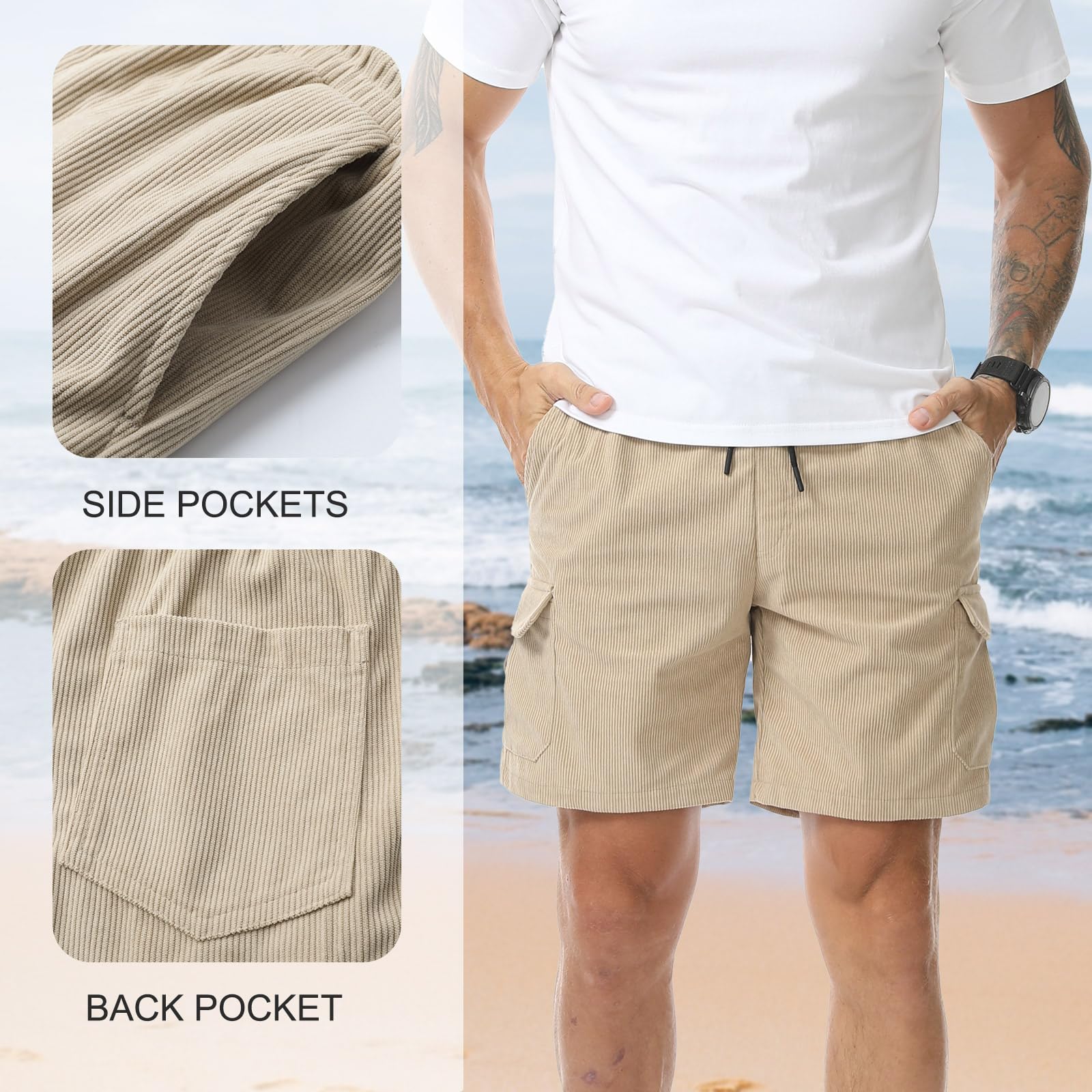 Pantalones Cortos de Pana Cargo Hombre Bermuda con Bolsillos