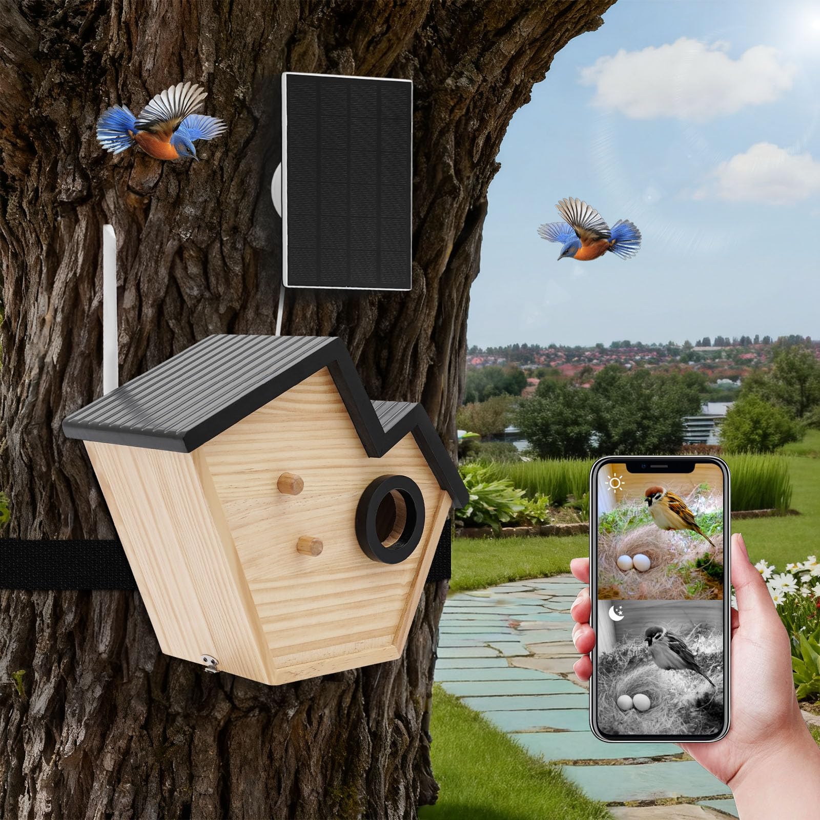 Pájaro inteligente con vigilancia interna, nido de pájaros con cámara solar con detección de IA, IP65 comedero para pájaros, caja nido, caja de observación de aves, modo de visión nocturna de