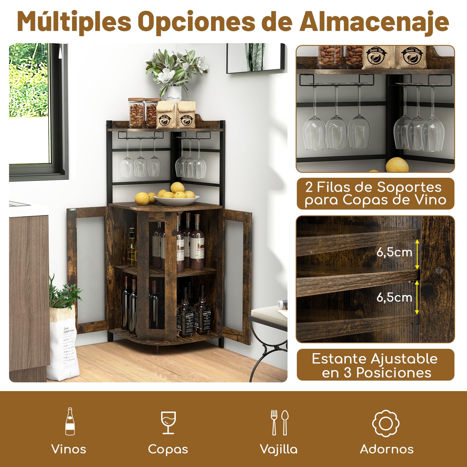 COSTWAY Armario de Esquina de vino con Portavasos de Vidrio, Armario de Vino Industrial con Puertas de Malla Metálica y Estante Ajustable, Buffet con Kit Antivuelco para Cocina Comedor (Marrón Oscuro)