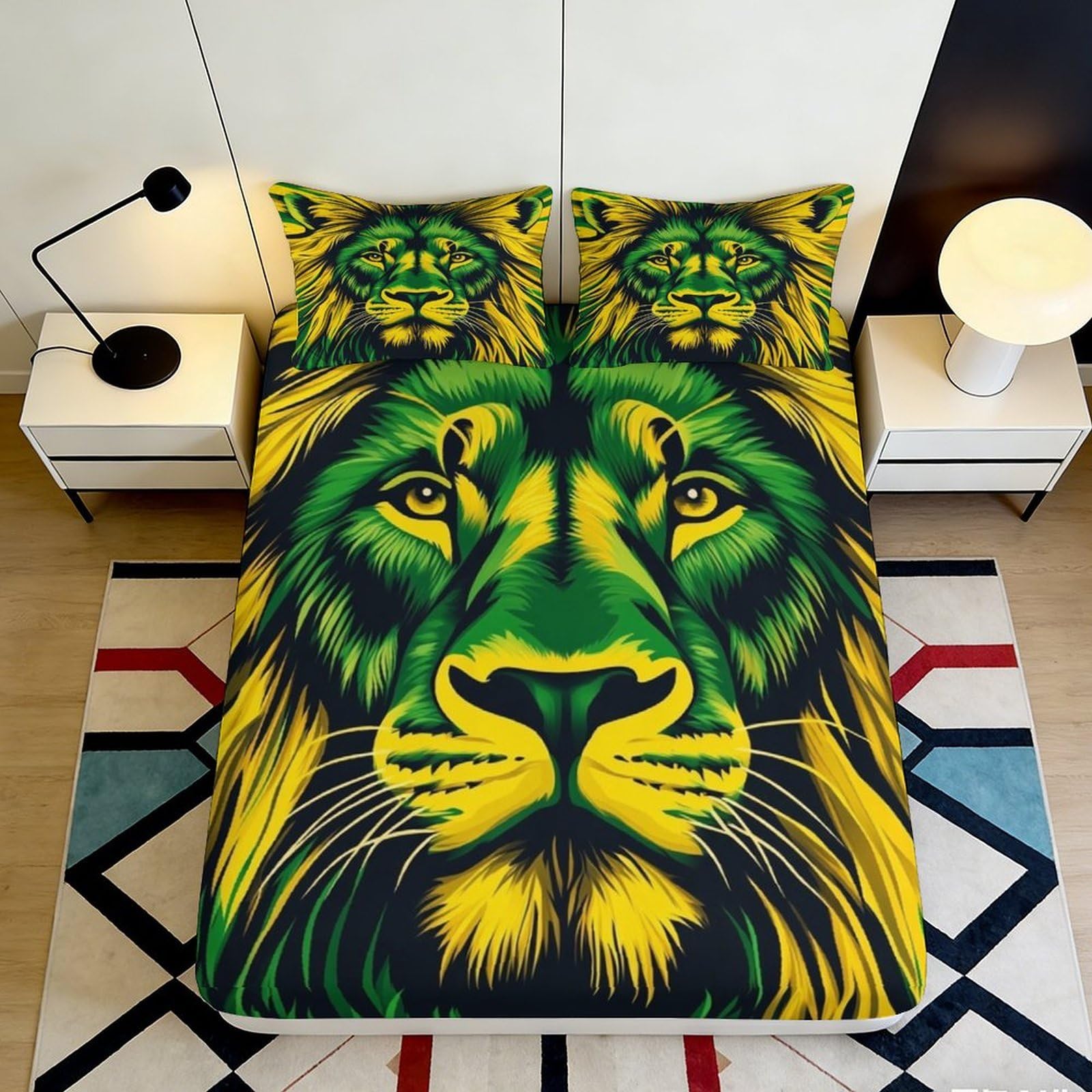 3D Printed Lion Face Fitted Sheet Microfiber Green Yellow Jungle King Mattress Cover Non-slip for Bedroom Decor 90x200x25cm