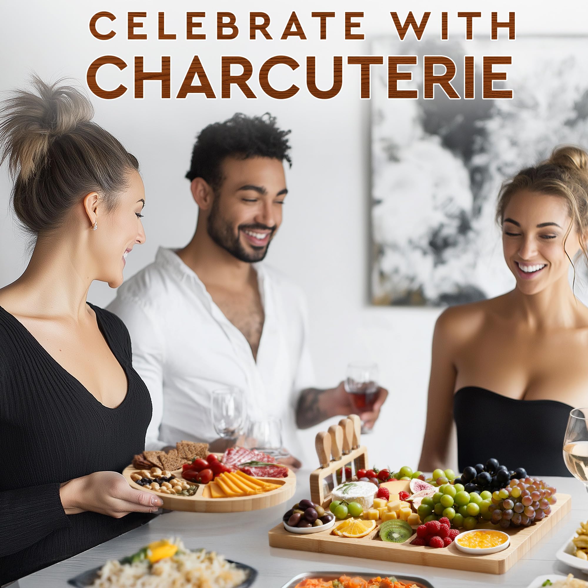 Charcuterie Boards Deluxe Gift Set - 15 Pieces, Bamboo - Large Cheese Board + Tray for Mother's Day, Birthday, Housewarming, Wedding Shower