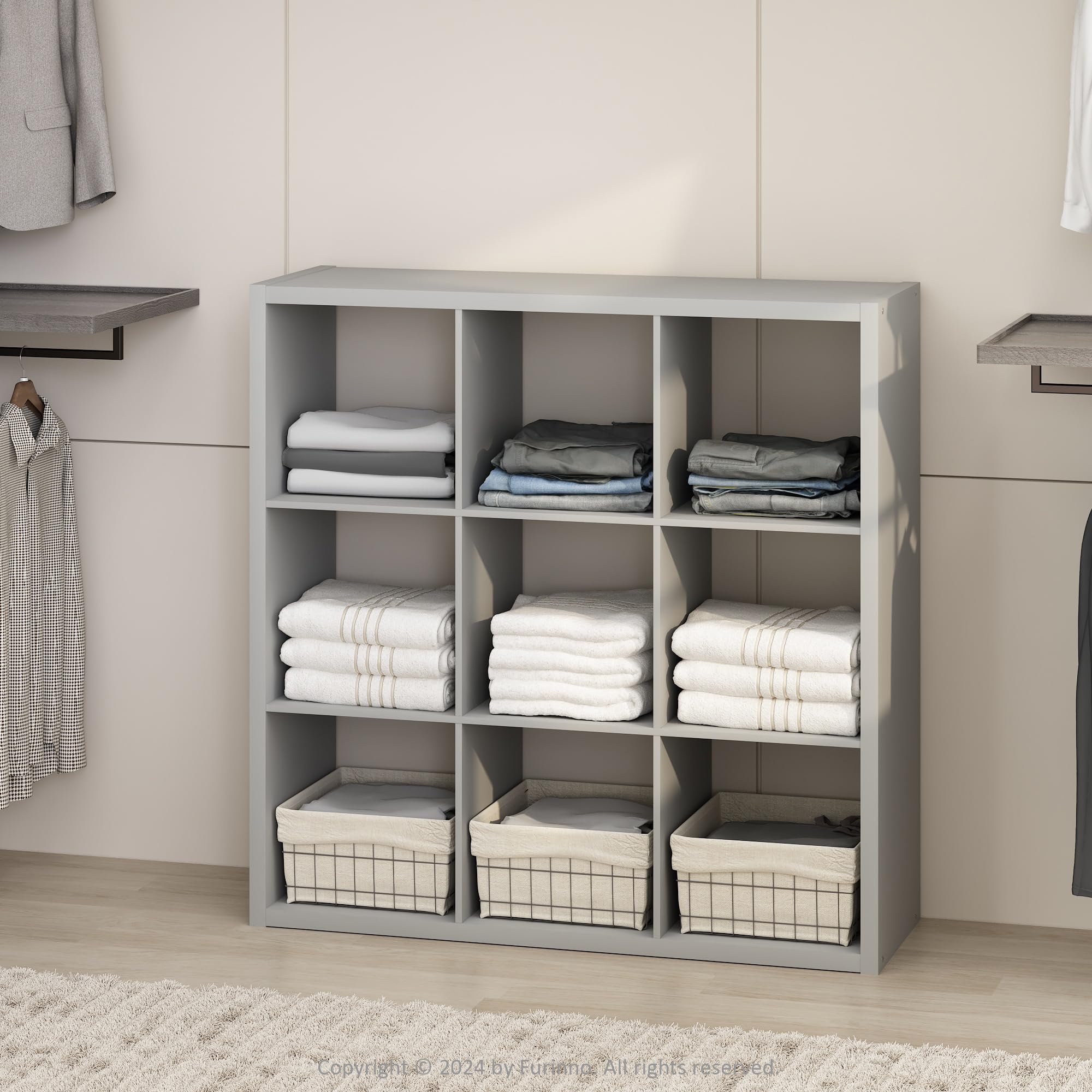 Furinno Cubic Extra Thick 9-Cube Closet Organizers and Storage, Light Grey