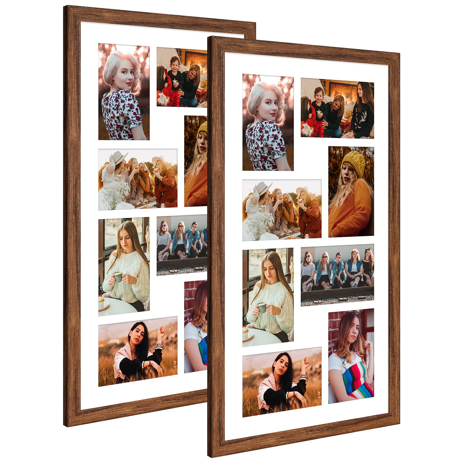 11.8x21.8 collage frame with 8 openings 4x6 pictures, multiple picture frame with mat, wall or tabletop decor, carbonized brown wood grain,2 pack
