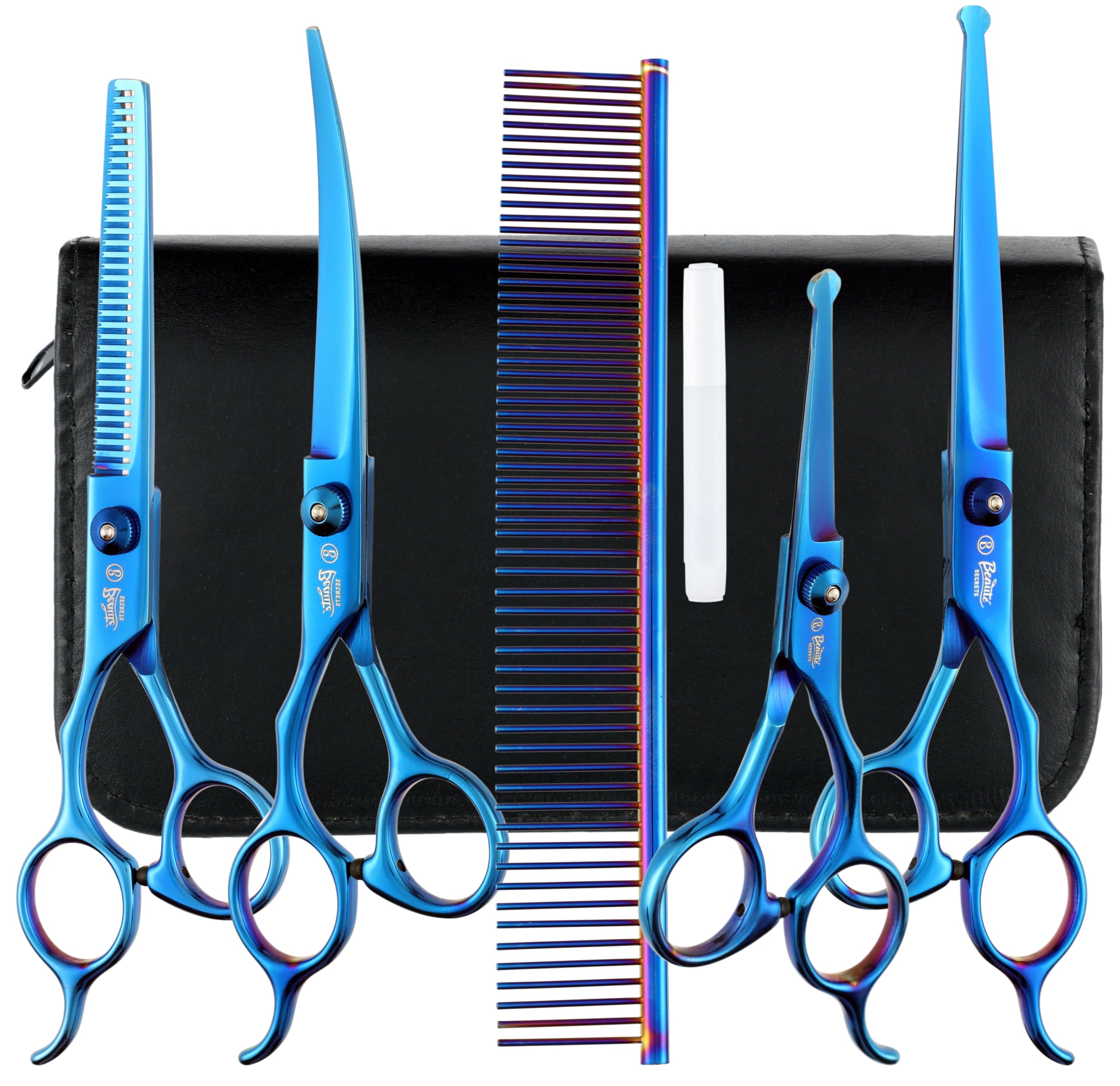 Beauté Secrets Pets Dog Grooming Set with 7-Inch Double Teeth Comb, Round Tip Scissors, 6.5-Inch Thinning and Down-Curved Scissors, 5-Inch Round Tip Scissor, Blue