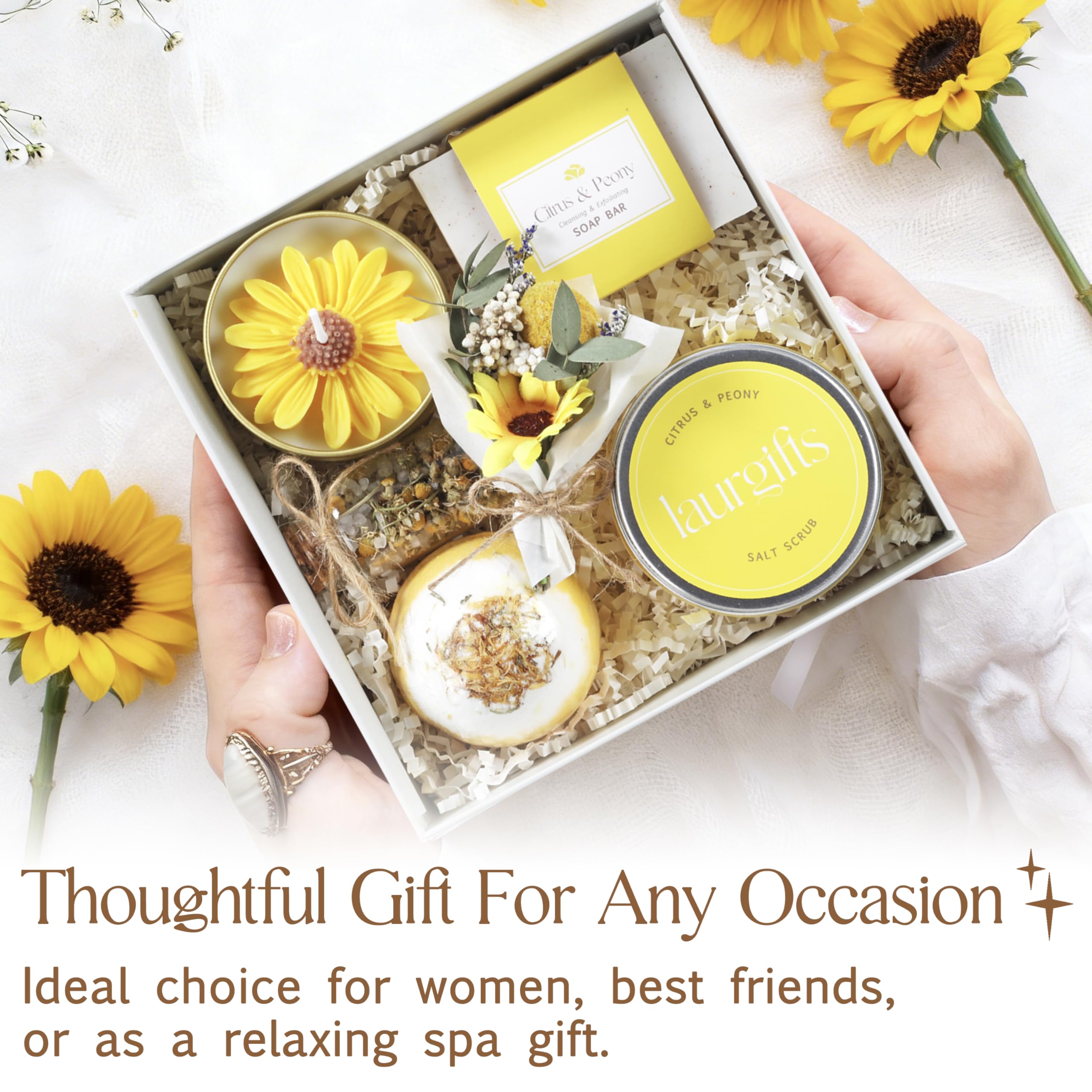 Birthday Gifts for Women – Yellow Sunshine Spa Gift Box, Luxury Bath & Self Care Package with Citrus & Peony Scent for Mom, Sister or Friend
