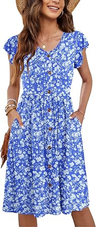 MOLERANI Women Summer Dresses V Neck Ruffle Sleeve Casual Swing Elastic Waist Midi Dress with Pockets
