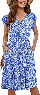 Women Summer Dresses V Neck Ruffle Sleeve Casual Swing Elastic Waist Mid...