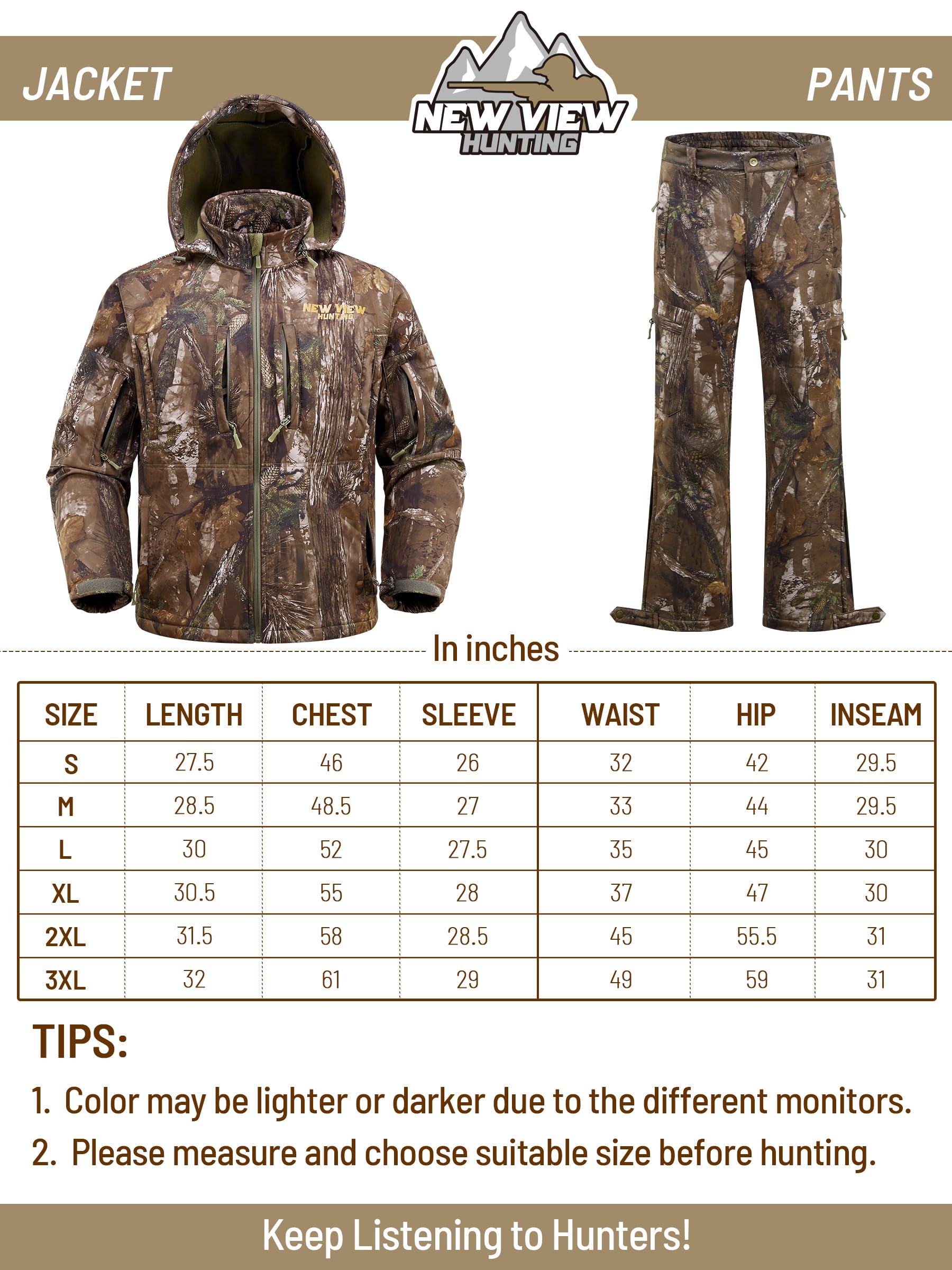 NewView Vêtement de chasse Silent Camo pour homme, veste et pantalon de chasse doublés en polaire pour la chasse au cerf et au canard, chaud et résistant à l'eau
