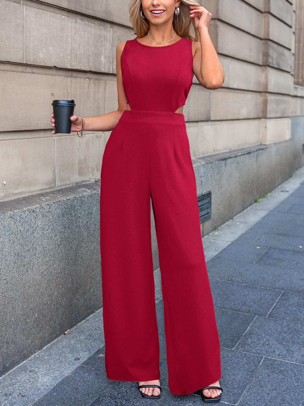 CUPSHE Enterizo para mujer, cuello redondo, sin mangas, espalda descubierta, pierna ancha, informal, elegante