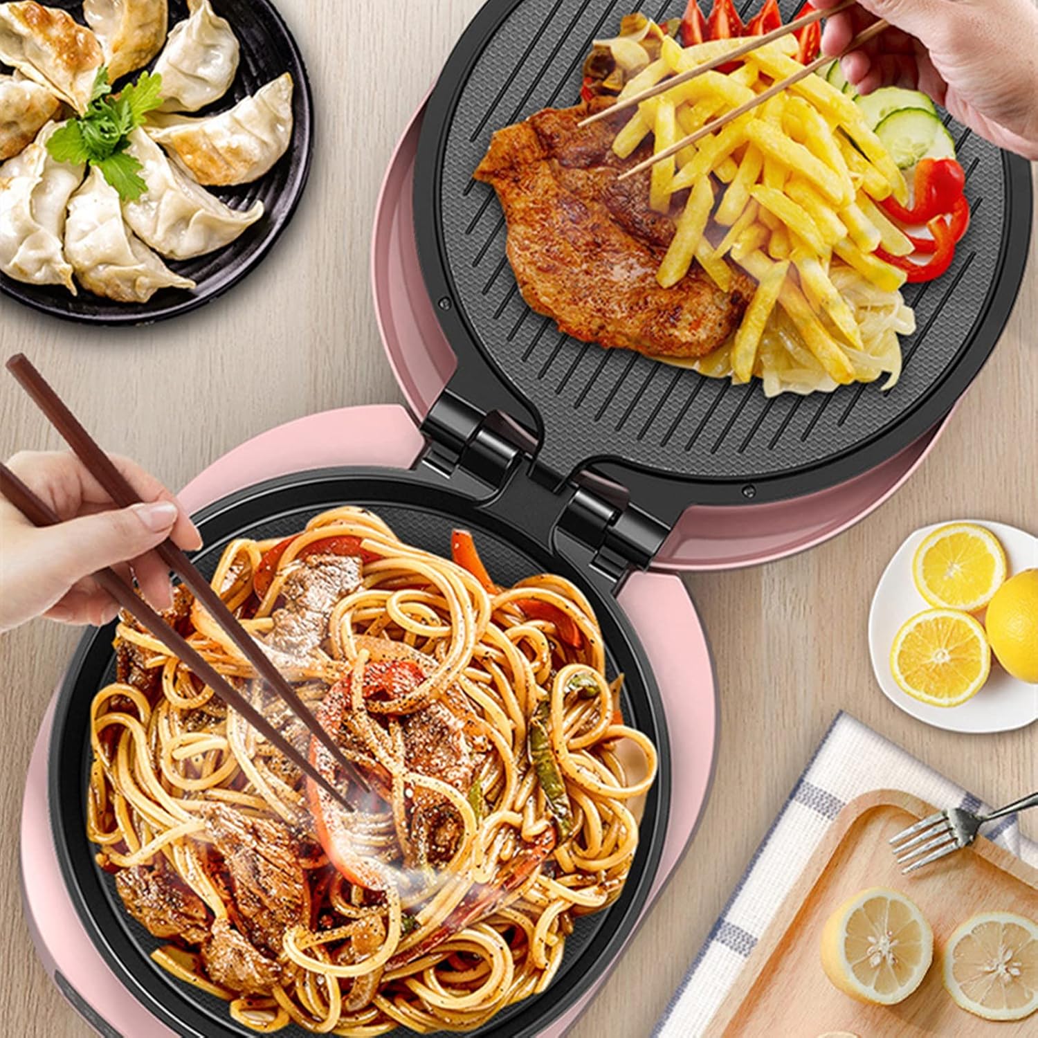 Electric Pancake Maker Double-Sided Heating Suspension Baking Tray 12in Non-Stick Hot Plate Adjustable Temperature for Making Steak Pizza Pasta Etc.