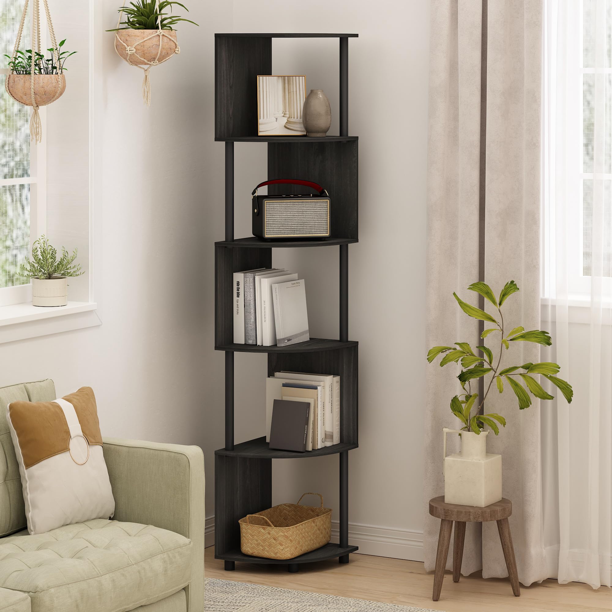 Furinno Econ 5-stufiges Zickzack-Eckregal-Bücherregal, Espresso/Schwarz