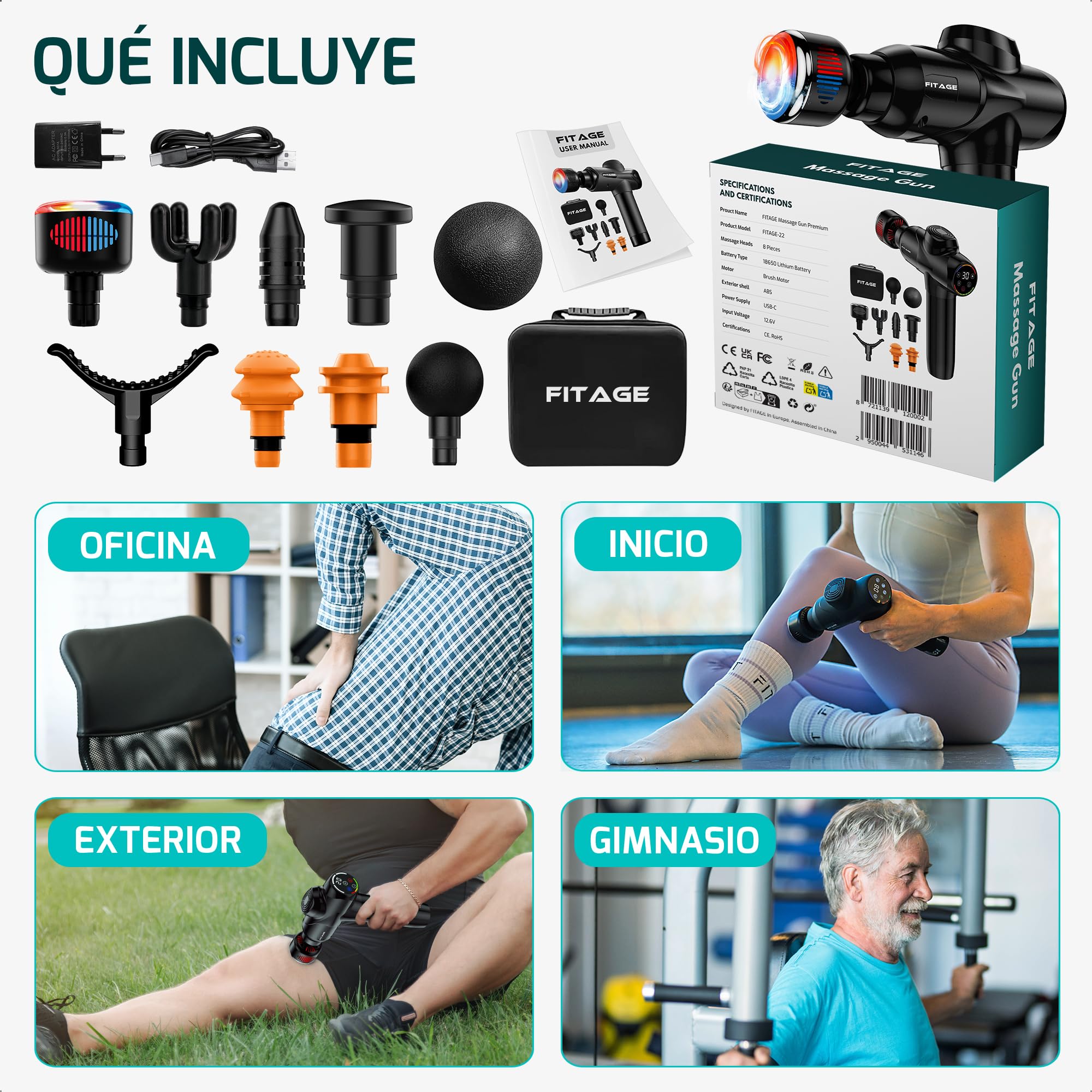FITAGE Pistola de Masaje Muscular– Masajeador Profesional con 30 Niveles de Velocidad y 8 Cabezales para Relajación Profunda y Recuperación Muscular- Premium