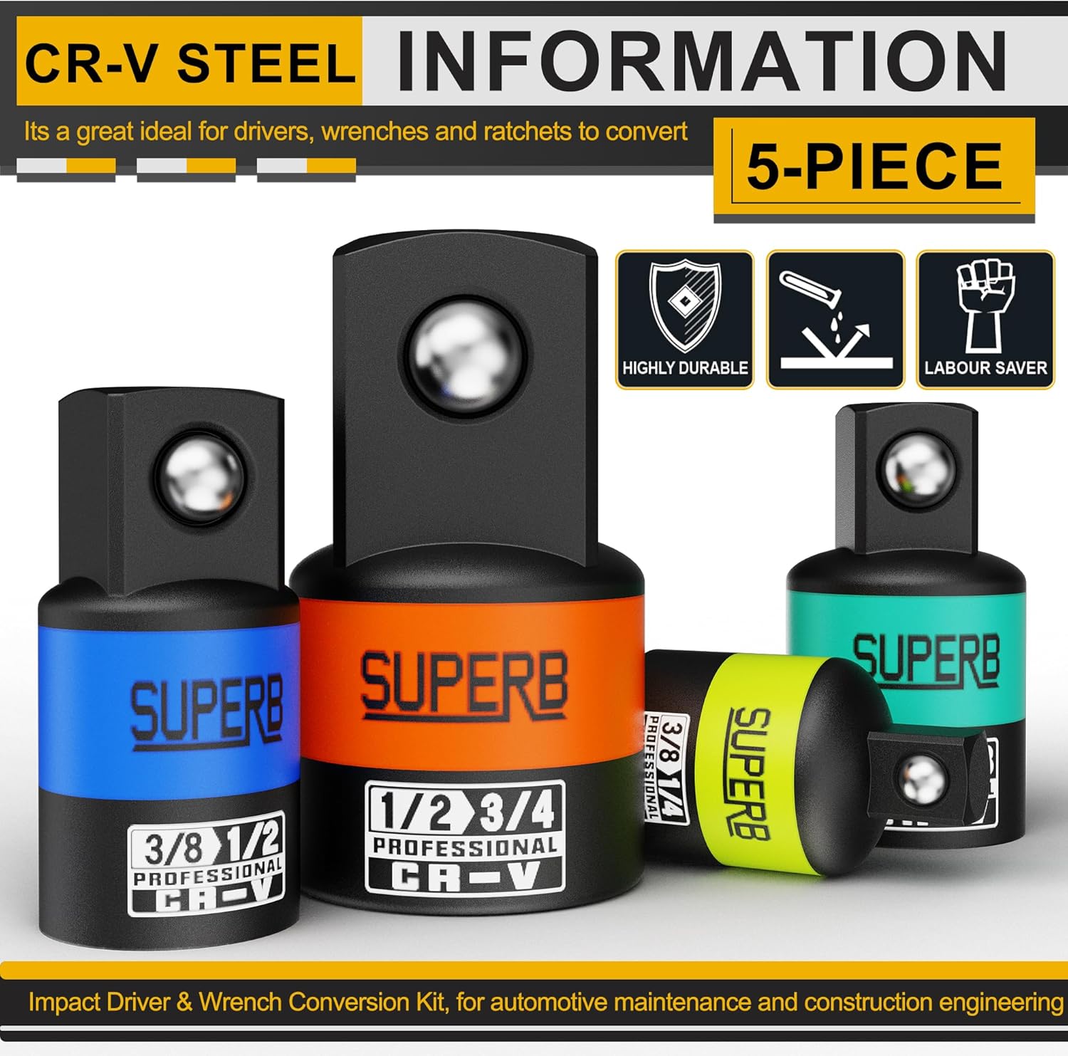5-Piece Impact Socket Adapter Set, 1/4", 3/8", 1/2" Socket Converter&Reducer, Cr-V Steel, Impact Driver & Wrench Conversion Kit, for Automotive Maintenance and Construction Engineering