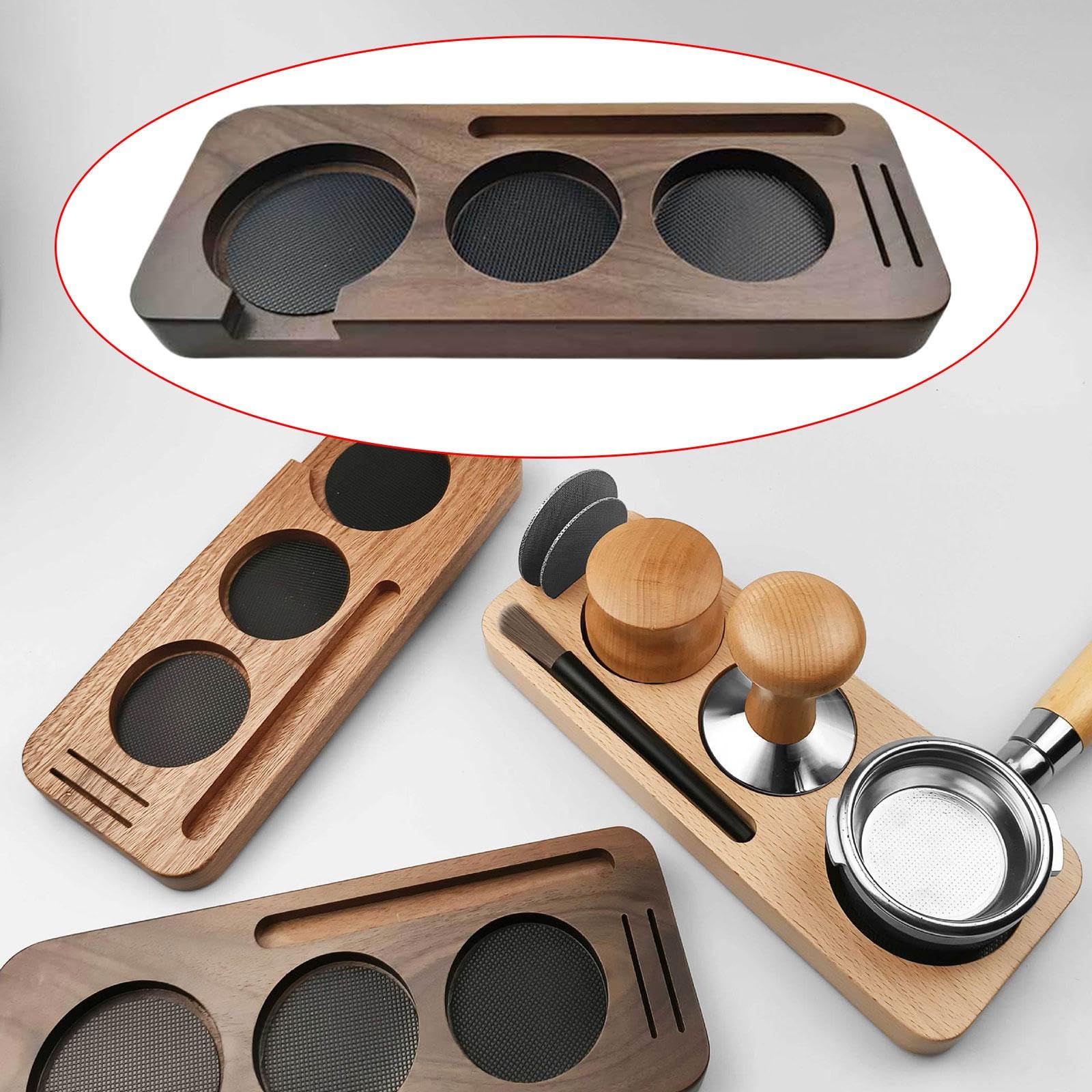 Estación de de Café de Madera para Portafiltros Y Dispensador de Espresso con Tapete de Silicona, Almacenamiento de Cucharas Y Accesorios, Ad, Nogal de 58 mm, Individual