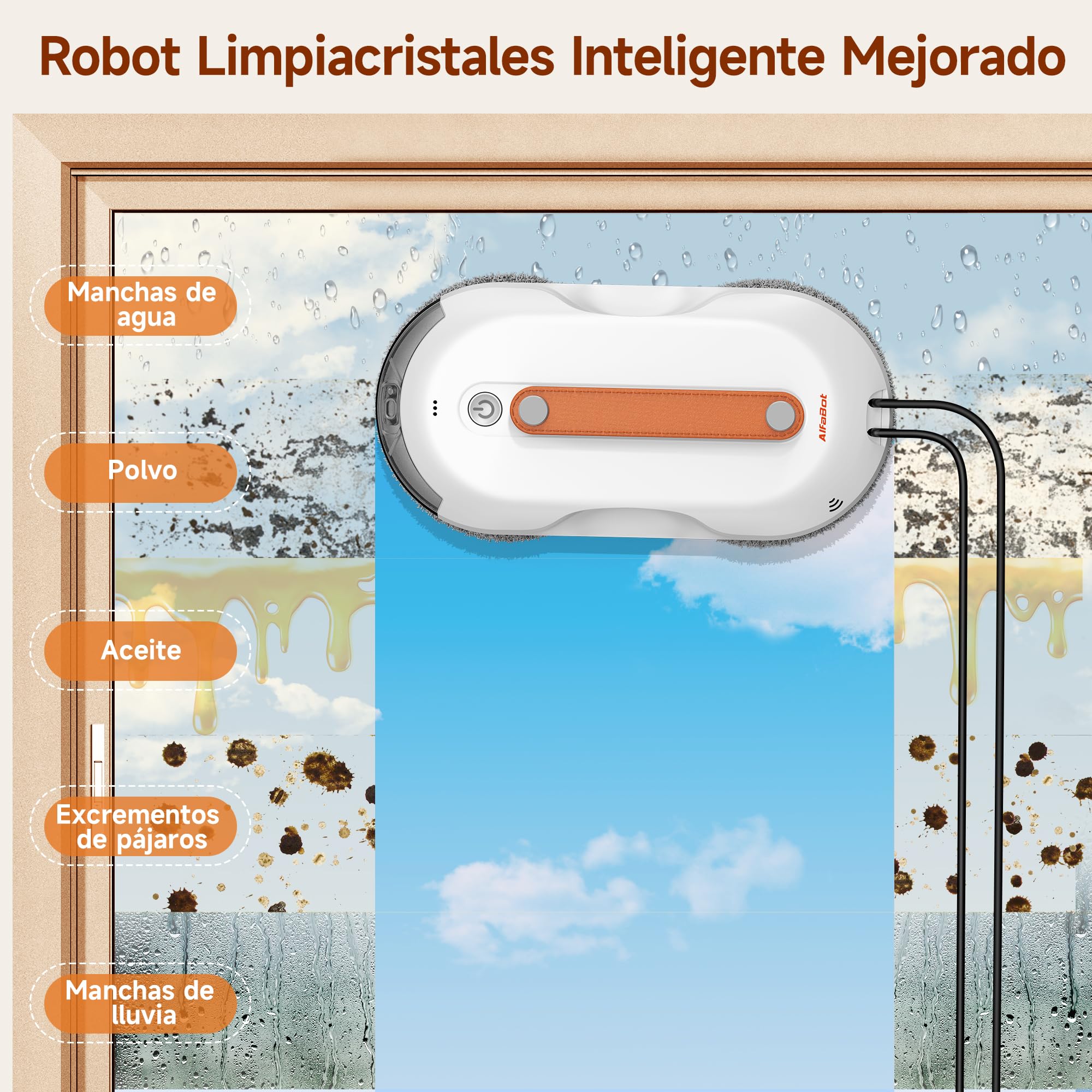 AlfaBot X7 Pro – Robot Limpiaventanas Inteligente - Limpieza sin Rayas para Cristales, Azulejos y Superficies Lisas • Rociado Bilateral • Tanque de Agua Grande