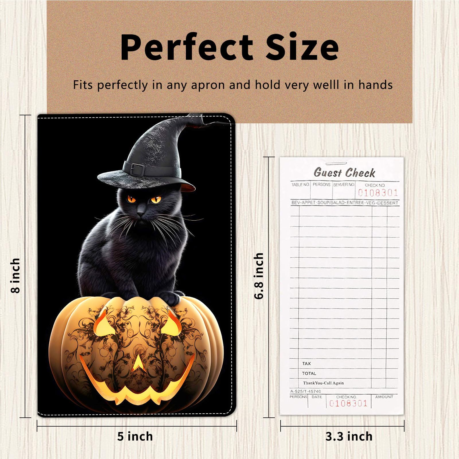 Server Book for Waitress,Server Books for Waitress with Zipper Pocket,Cute Server Book, Waitstaff Organizer Waitress Book with Money Pocket and Zipper Fit Server Apron,Halloween Pumpkin Cat-679
