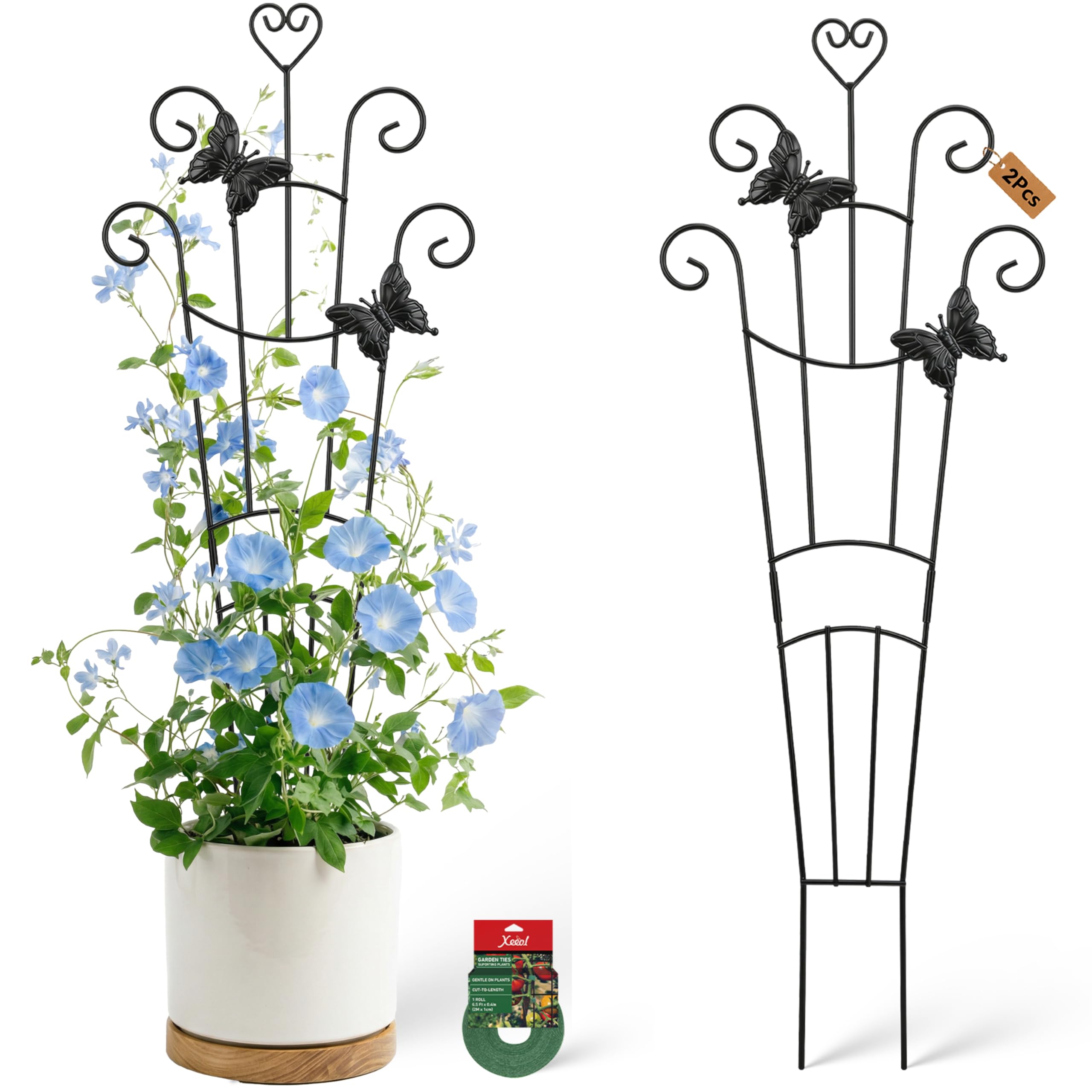 32.6in Plant Trellis for Climbing Plants Indoor with Butterflies, Expandable Large Metal Trellis for Potted Plants, Heavy-Duty Tall Pothos Plant Climber Support for Ivy Pothos Hoya Monstera, 2P