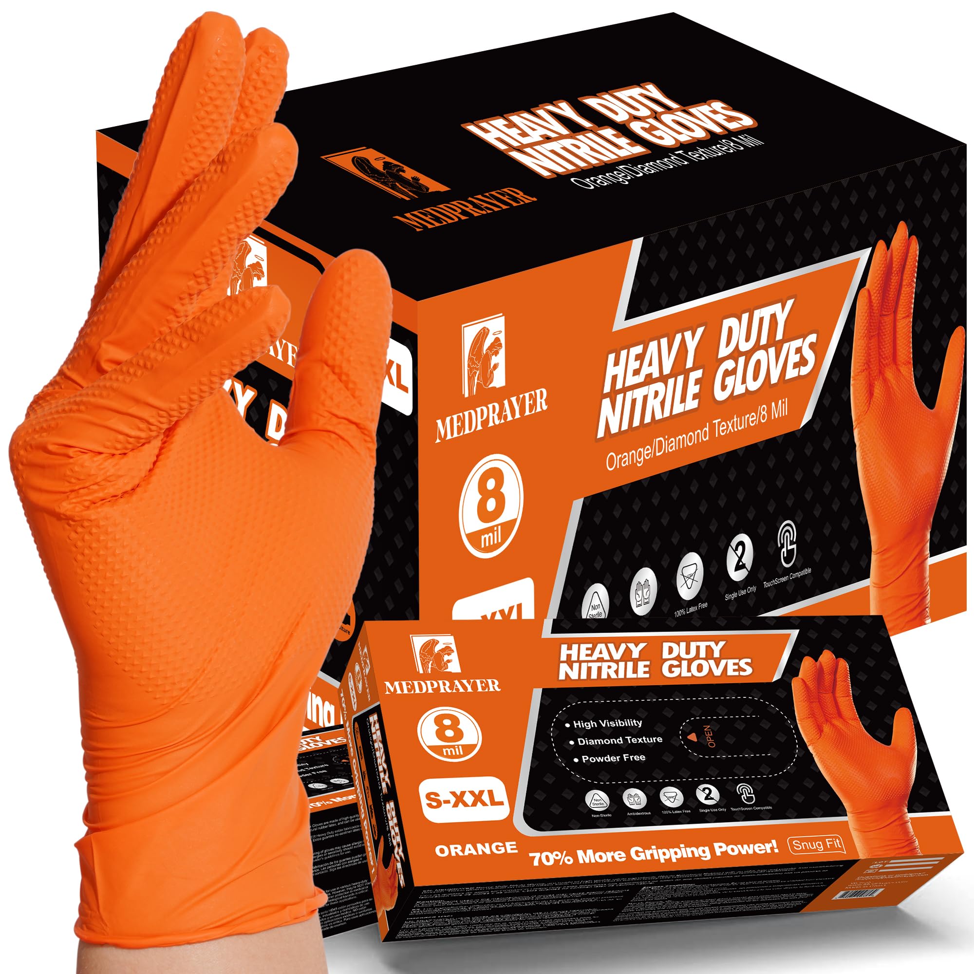 MEDPRAYER Industrial Orange Nitrile Gloves – Disposable Rubber Gloves 8 Mil – Raised Diamond Texture, Latex & Powder Free