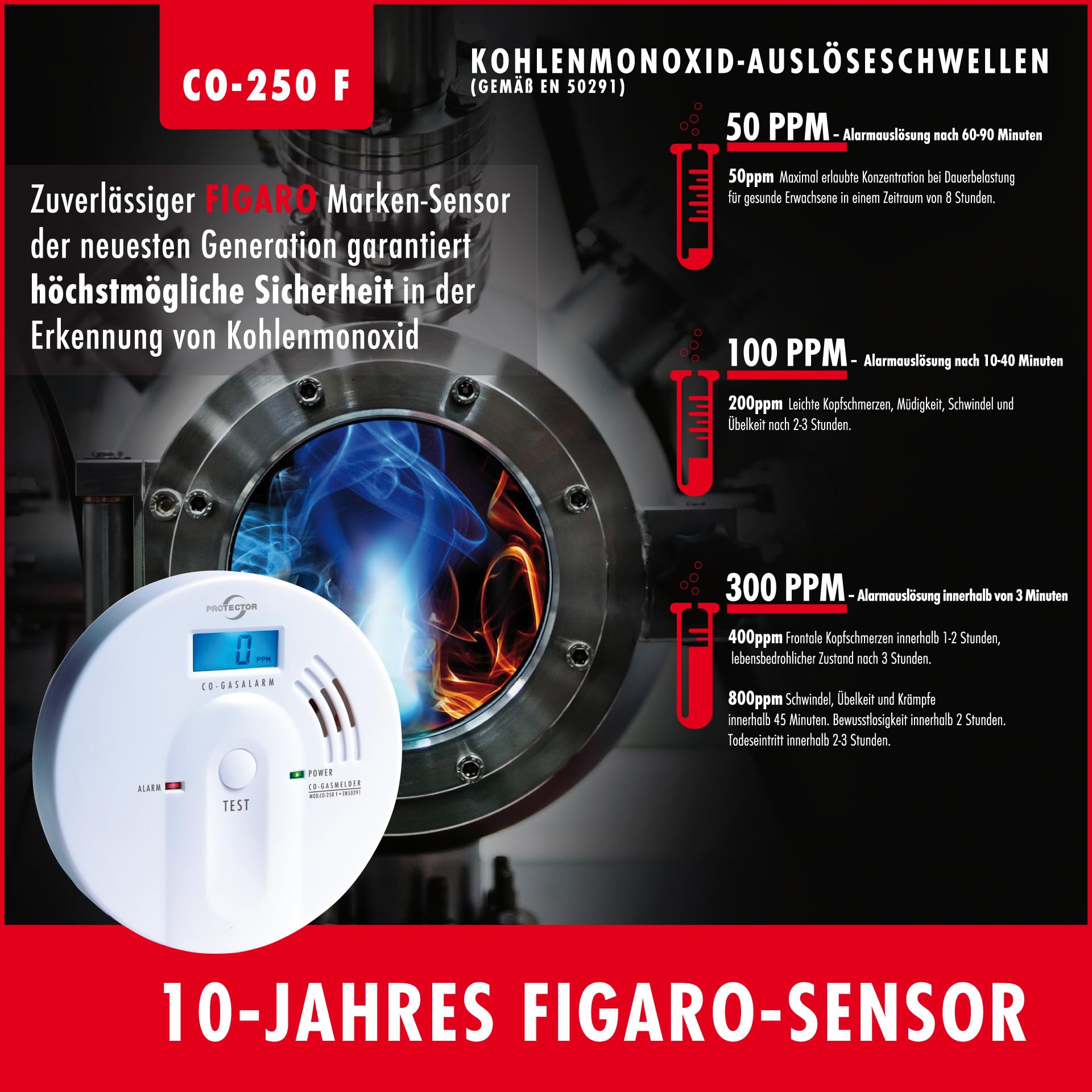 Protector CO-Melder CO-250 F mit beleuchtetem Display, nach Norm EN 50291
