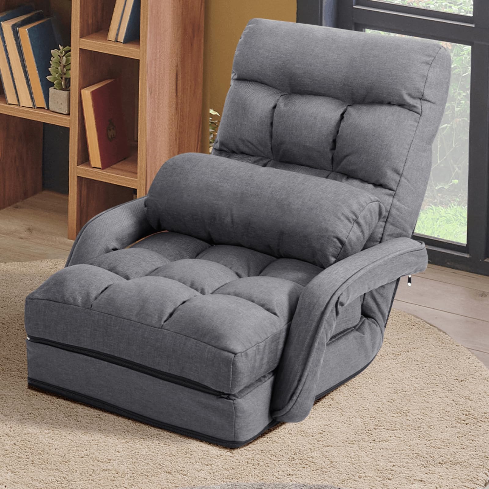 Multigot Folding Lazy Sofa Bed, 5 Positions Adjustable Floor Armchair with Armrests and Pillow, Convertible Padded Sleeper Chair for Living Room Bedroom (Grey) — image 1