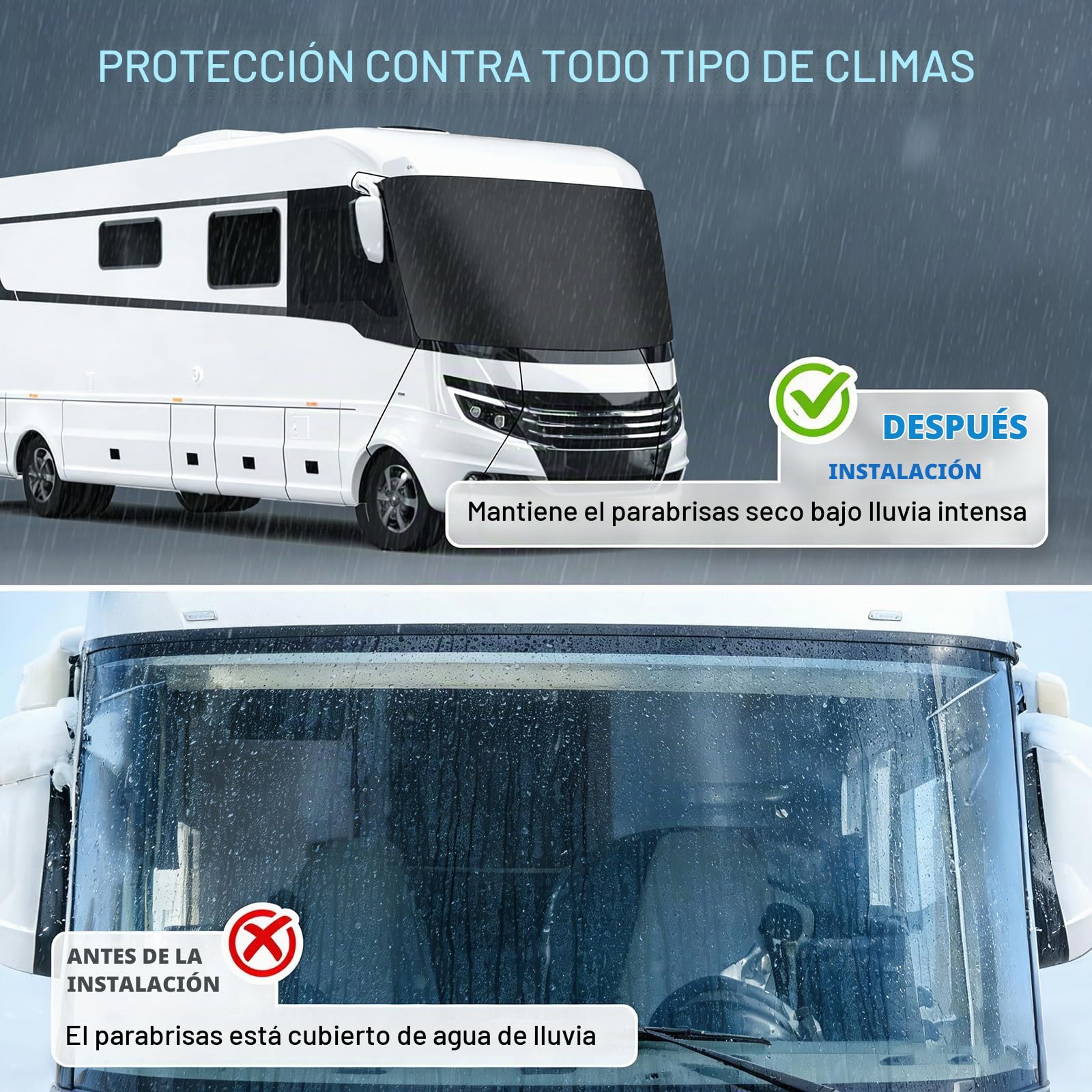 Cubierta para parabrisas de autocaravana integrada, 600d lujo A clase A con cremallera para parabrisas de coche, reemplazo, bloquea los rayos UV - 100% oscurecimiento