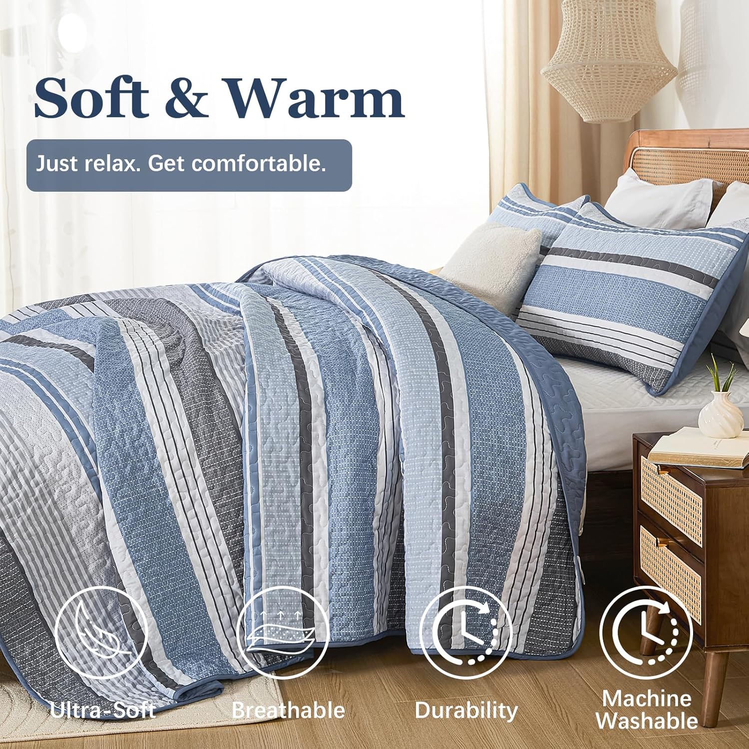 Dintszyayue King Size Quilts Blue, 3 Pieces Boho Striped Bedspread Bedding for King Size Bed, Soft Lightweight Microfiber Bohemian Coverlet Set for All Season Quilts with 2 Pillowcases - Image 3