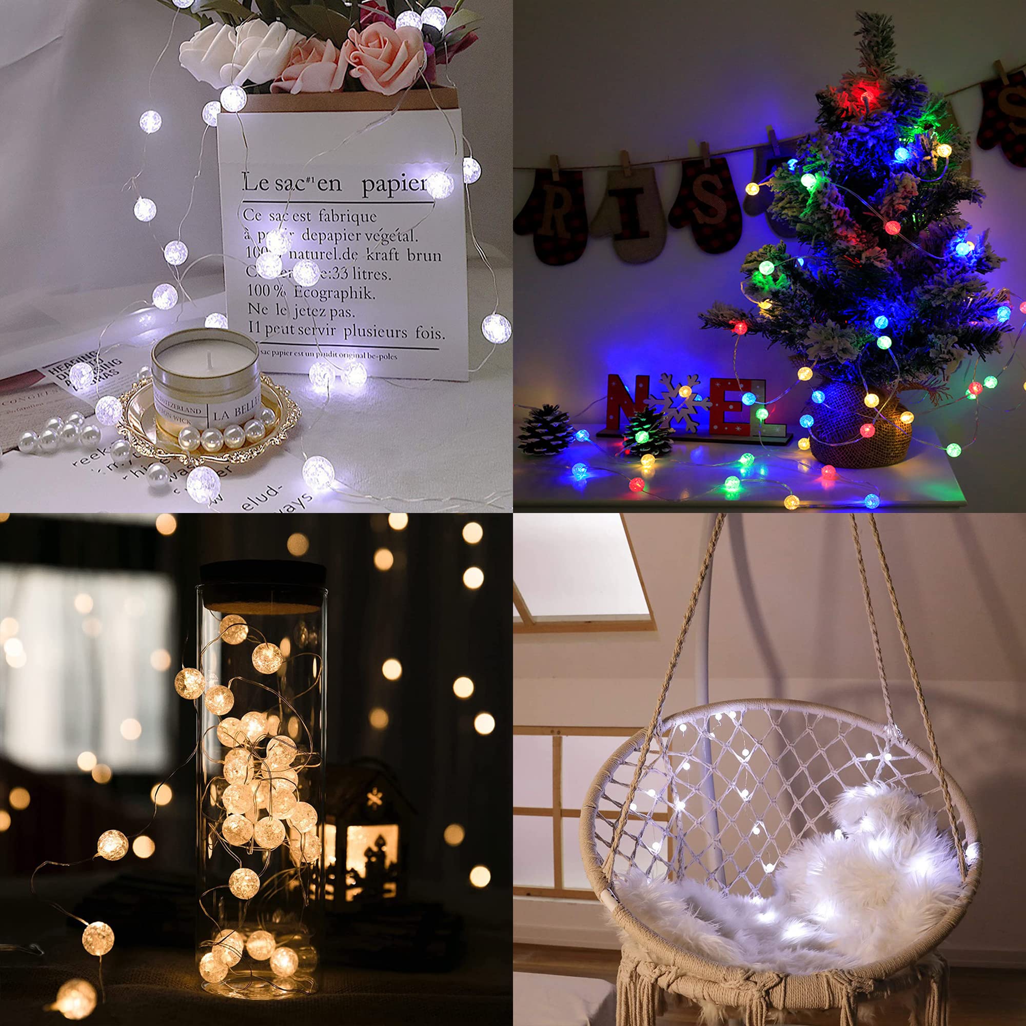 KugelLichterkette für Schlafzimmer, KristallkugelLichter, 8 leuchtende Farben, 3 m, 30 LEDs, USBbetrieben, mit Fernbedienung, Lichterkette, perfekt für den Innen und Außenbereich,
