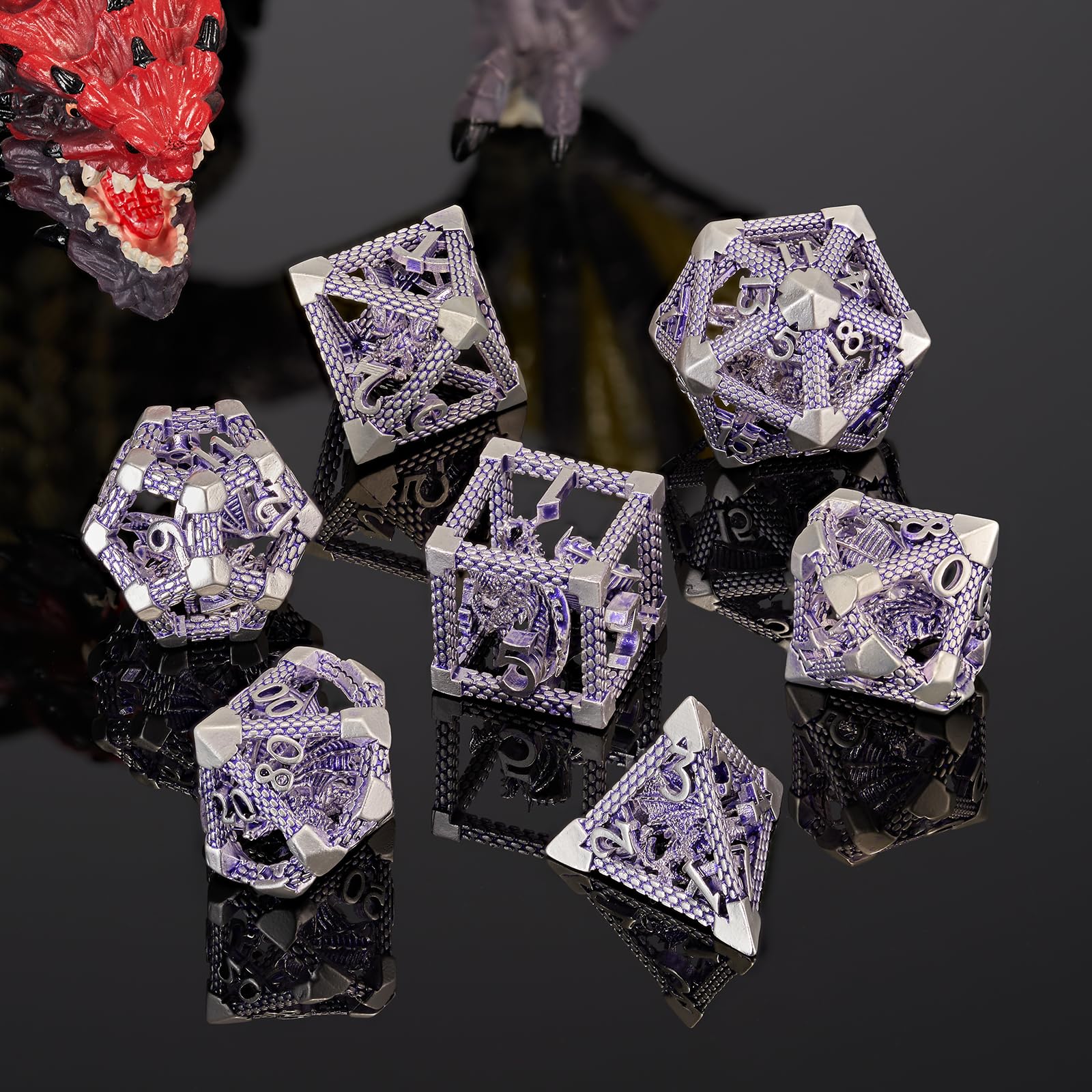 DND Dados, HNCCESG - Juego de dados poliédricos de metal hueco de dragón morado y blanco para juegos de mesa de Dungeons and Dragons RPG MTG (dragón blanco y púrpura)