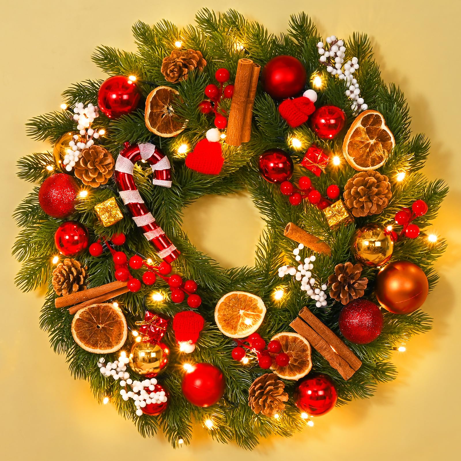 MARTINE MALL 18in Christmas Wreath, Pre-Lit Christmas Wreaths for Front Door Lighted Christmas Door Wreath with Candy Balls Pine Nuts Lemon Slices Berries 40 Lights 8 Modes, Porch Mantle Window Decor