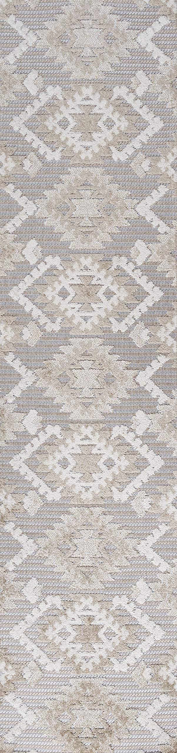 JONATHAN Y SBH107A-210 Sumak High-Low Pile Neutral Diamond Kilim Indoor Outdoor Area-Rug Bohemian Geometric Easy-Cleaning Bedroom Kitchen Backyard Patio Non Shedding, 2 ft x 10 ft, Beige/Gray